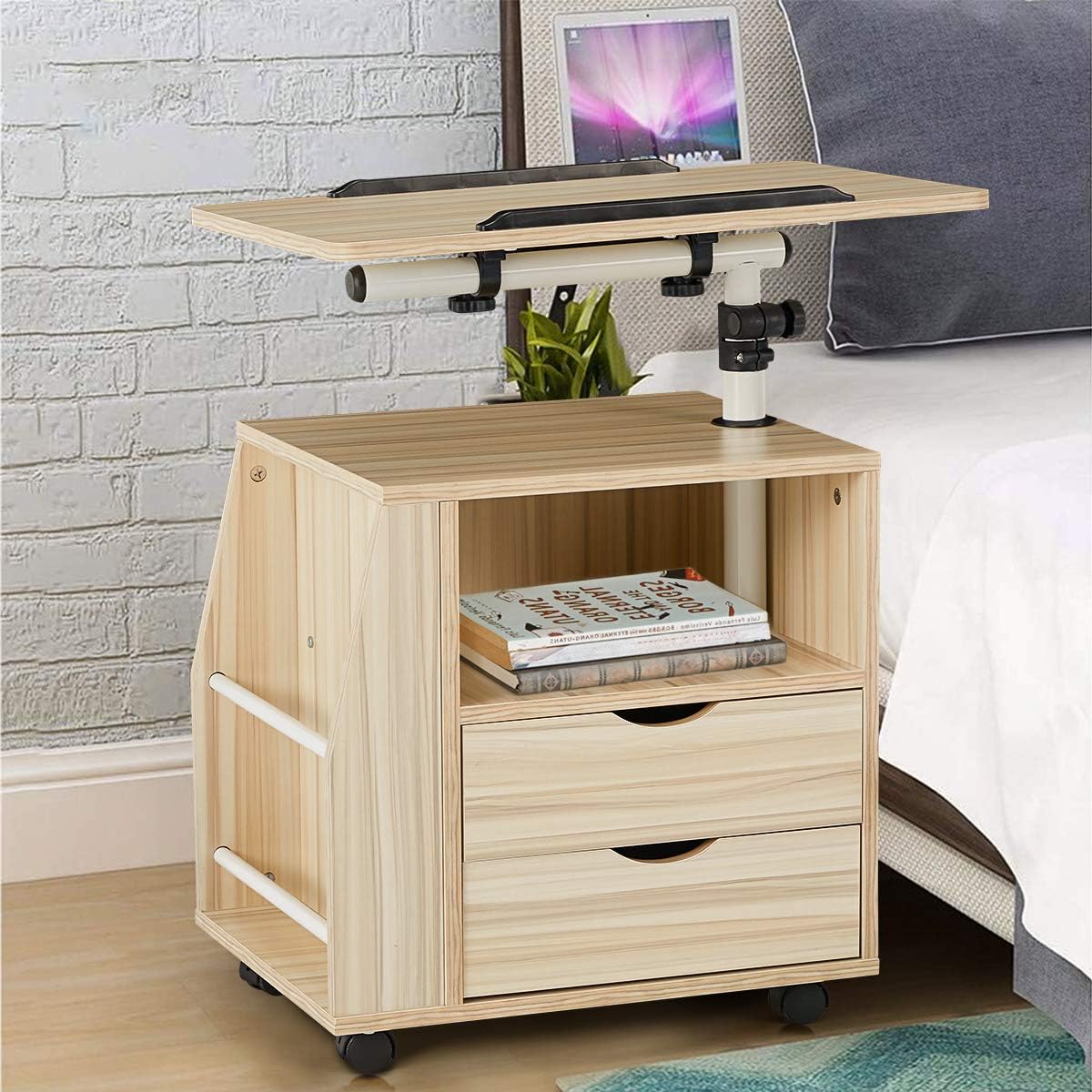 EROMMY Bedside Table Height Adjustable End Table,Wooden Nightstand with Swivel Top,Storage Drawers & Universal Wheels, Black