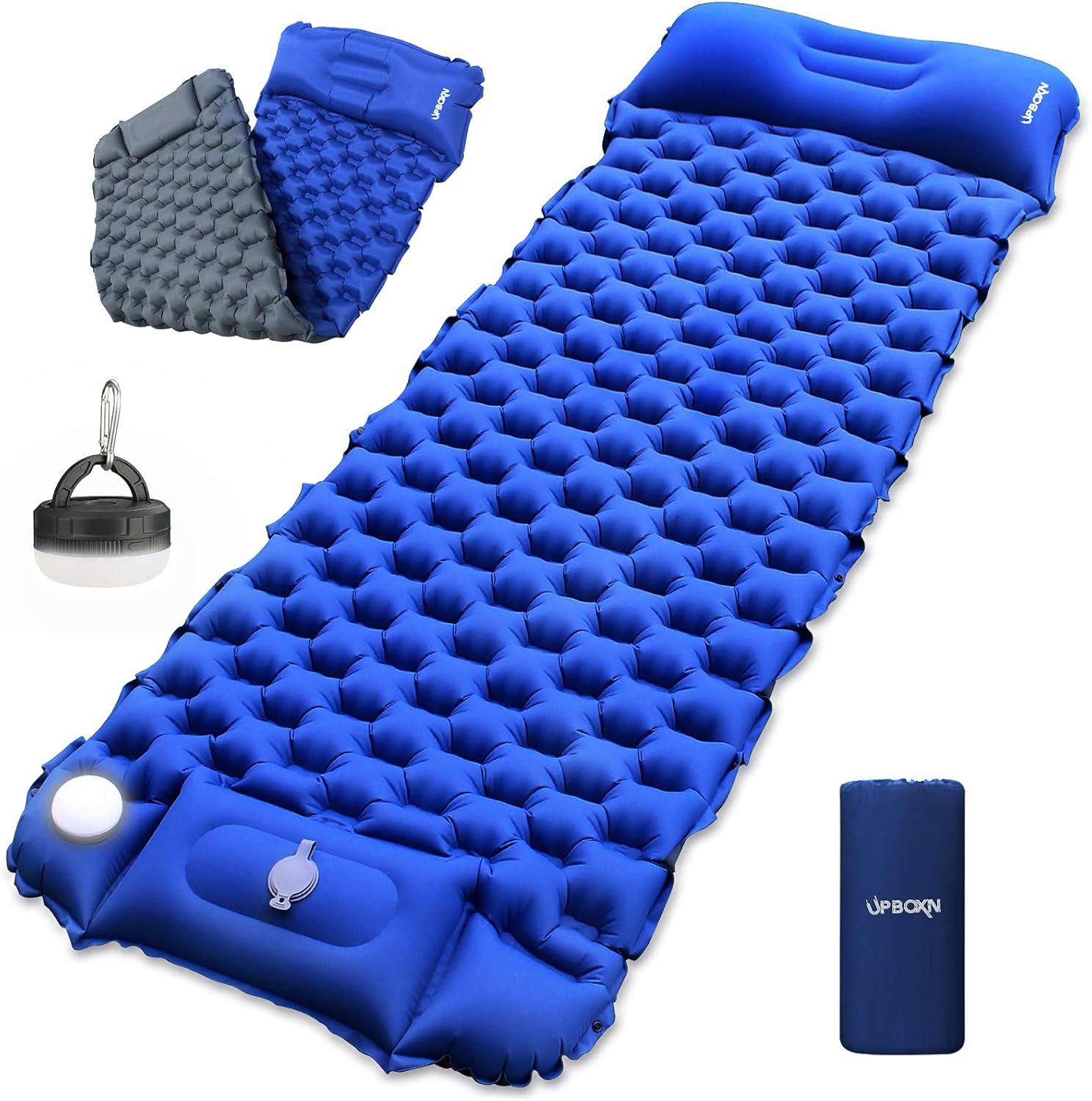 Camping Sleeping Pad Self Inflatable UPBOXN, Camping LED Light with Built-in Foot Pump Ultralight Waterproof Sleeping Mat with Pillow for Backpacking, Camp, Hiking, Travel with Carrying Bag Blue+Gray