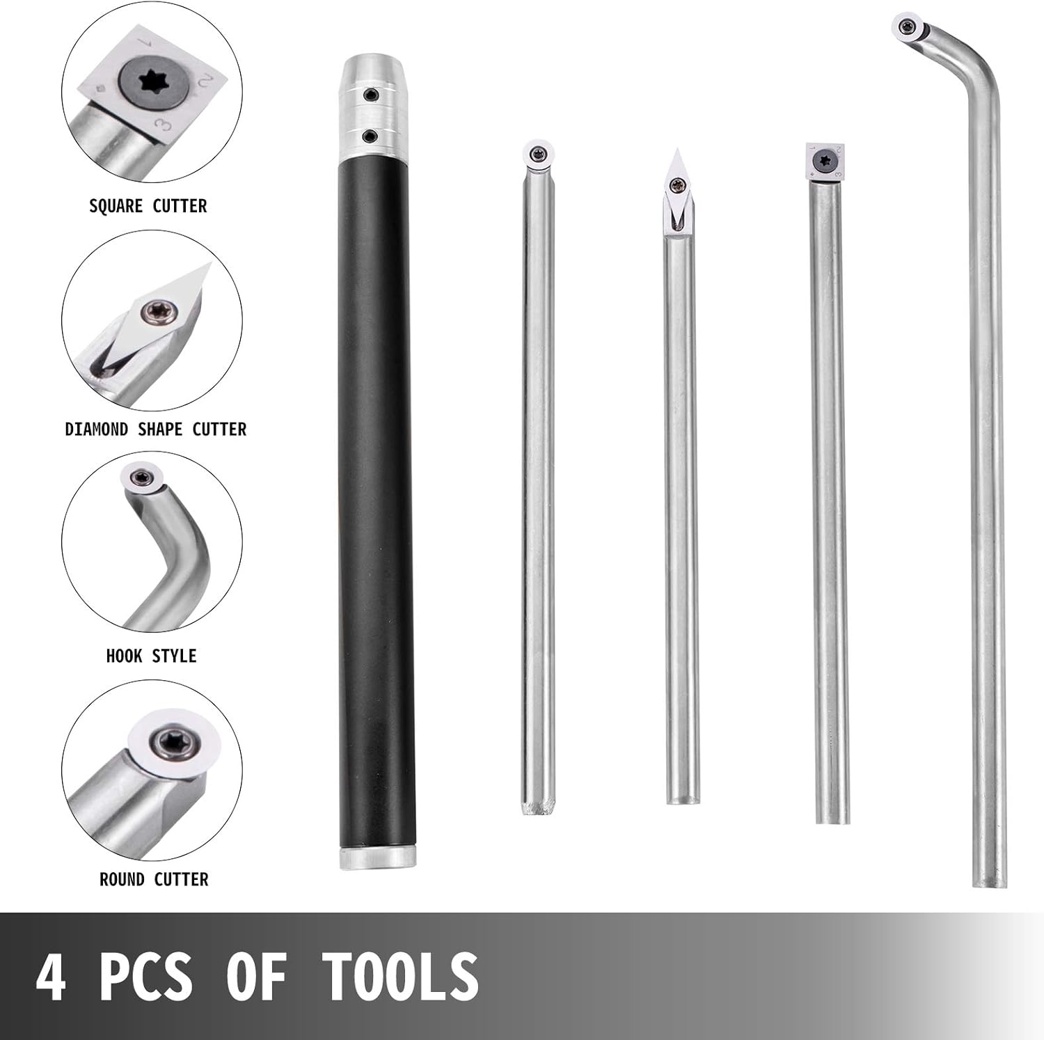 VEVOR Wood Turning Tools for Lathe 4 PCS Set, Carbide Lathe Tools with Diamond Shape, Round, Square Cutters Replaceable Turning Lathe Chisels with a Grip Handle Lathe Tools for Craft DIY Hobbyists