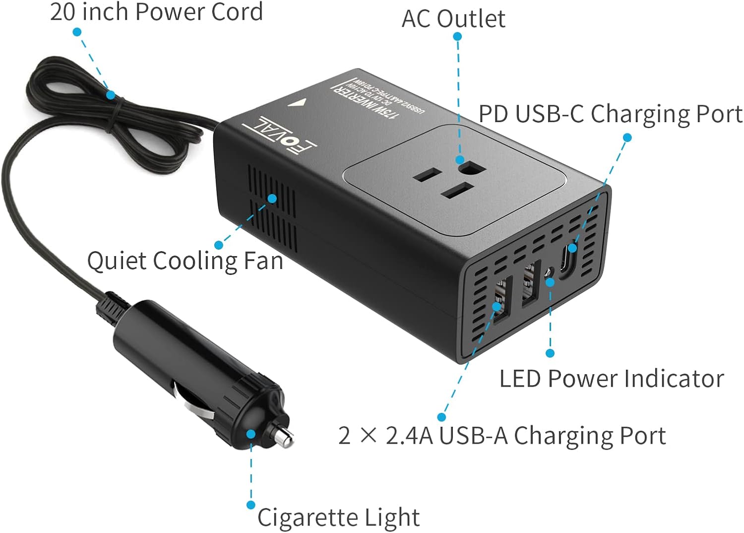FOVAL 175W Car Power Inverter DC 12V to 110V AC Car Inverter with [18W PD USB-C] & Dual 4.8A USB Car Charger Power Inverter for Laptop