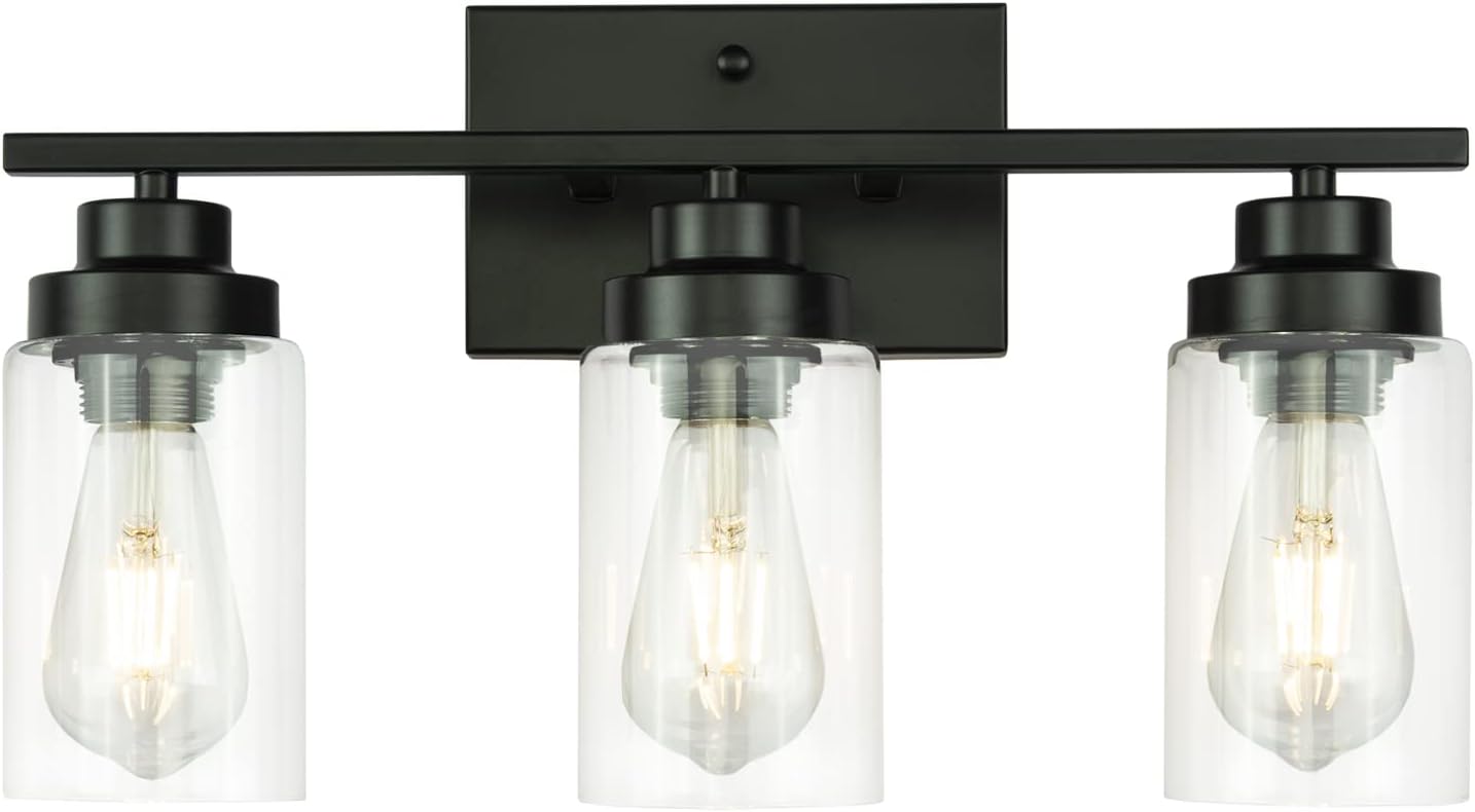 SOTTAE Industrial Bathroom Vanity Light Fixtures,3 Light Matte Black Modern Wall Mount Lighting Lamp with Clear Glass Shade for Bathroom Mirror Powder Room Halllway