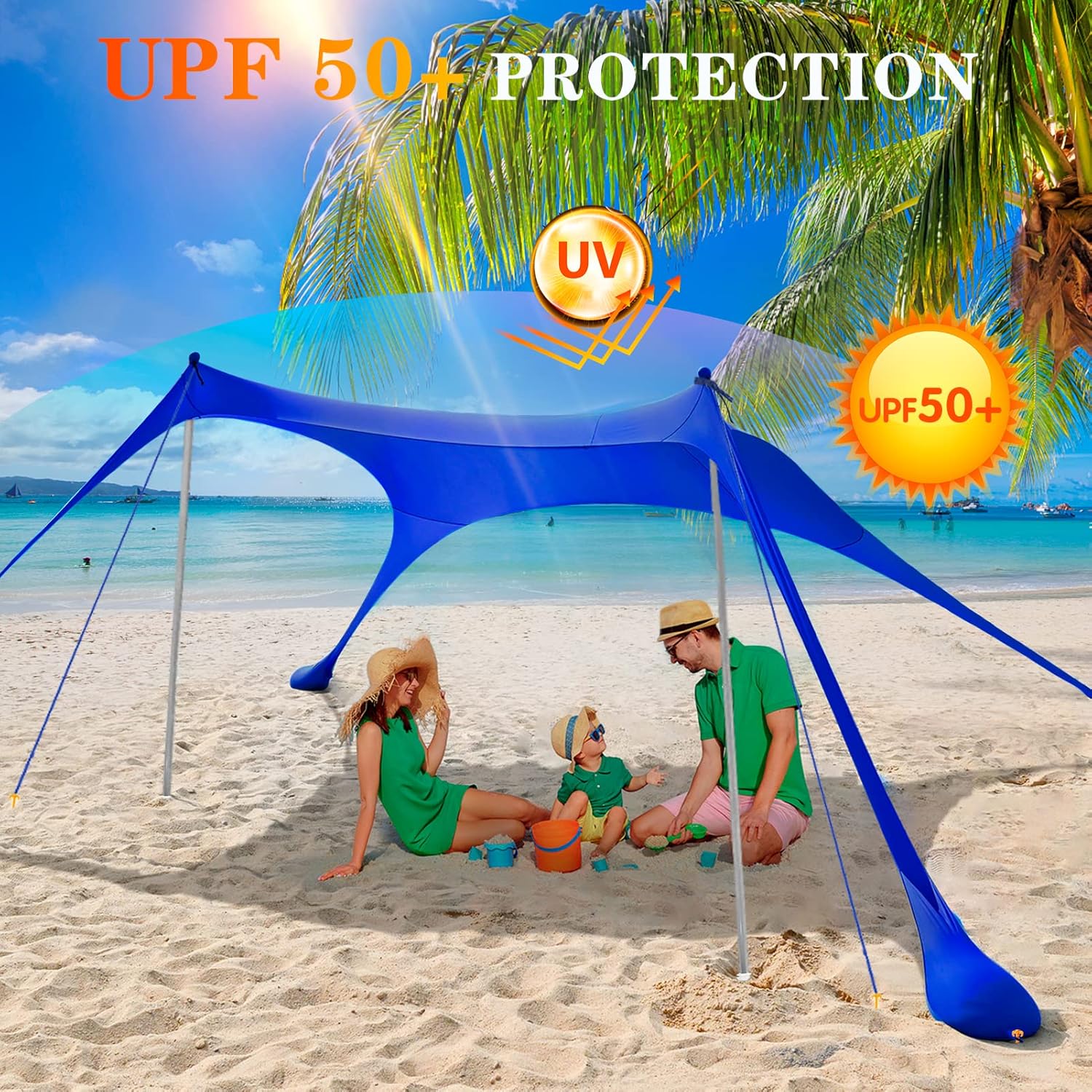 Poudee Beach Tent, 10&times;10 FT Beach Canopy with 4 Poles, UPF50+ Pop Up Sun Shelter for 4-8 Person, Portable Outdoor Shade Canopy for Beach, Picnics, and Backyard