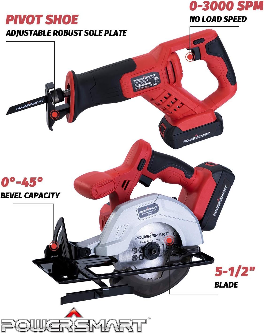 PowerSmart 20V Max Power Tool Combo Kits, Cordless Drill Set Compact Driver, Circular Saw, Reciprocating Saw, LED Flashlight, Saw Combo Kits With 2 Lithium-Ion Batteries included, 4-Tool