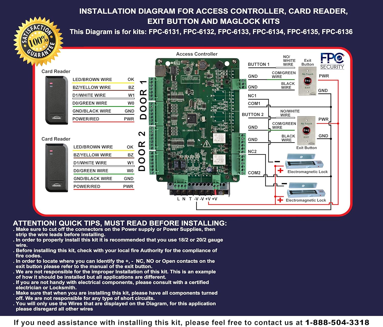 Visionis FPC-6134 Two Door Access Control for Inswing Door 600lbs MagLock Time Attendance TCP/IP Wiegand Controller, Black Card Reader, 10,000 Users Software Included