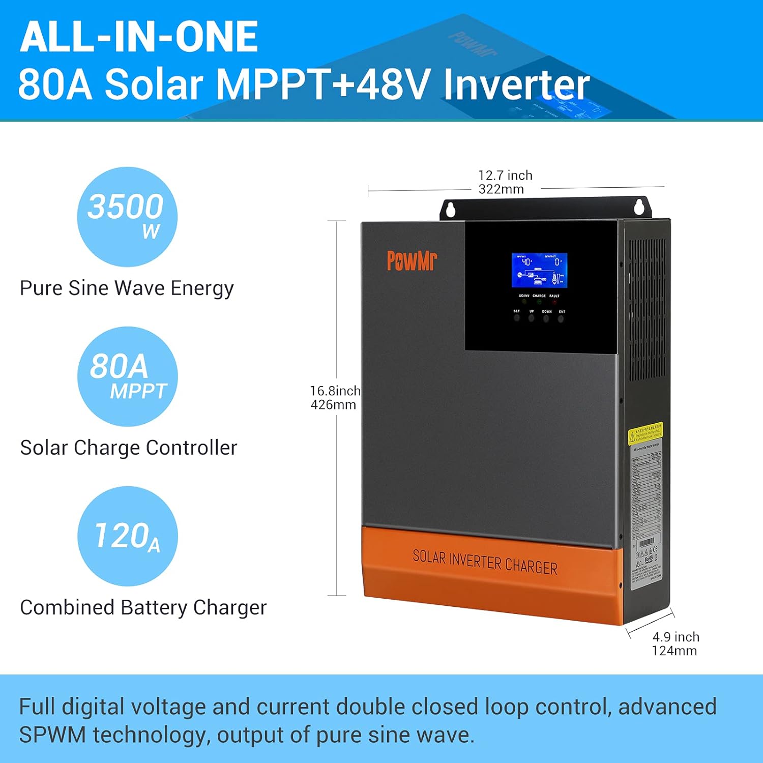 PowMr 48V 3500W Solar Inverter Pure Sine Wave Hybrid Inverter Output 110V AC Off-Grid Inverter Charger Built-in MPPT Controller 80amp, fit for 48V Lead Acid/ Lithium Batteries