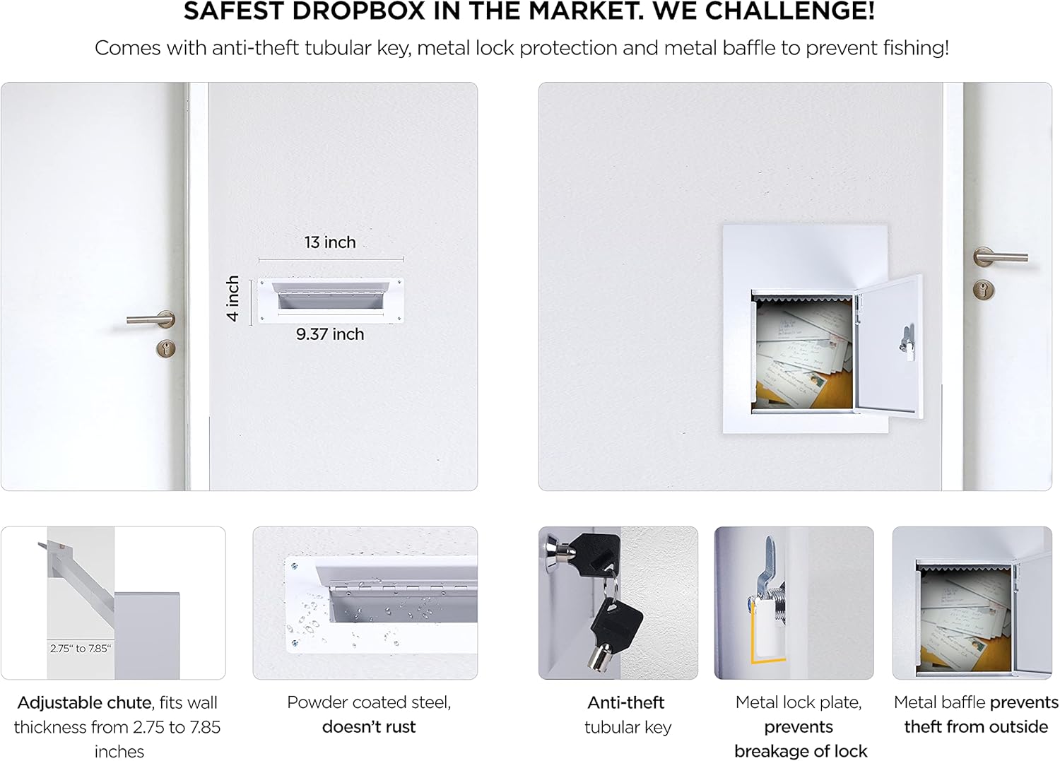Drop Slot Safes Key Drop Box Mail Slots for Walls This Tall Wall Safe Dual Access Dropbox has Tubular Key Locking Anti Fishing Baffle Serves as Mail Catcher Mailbox and Mounted Drop Box Deposit