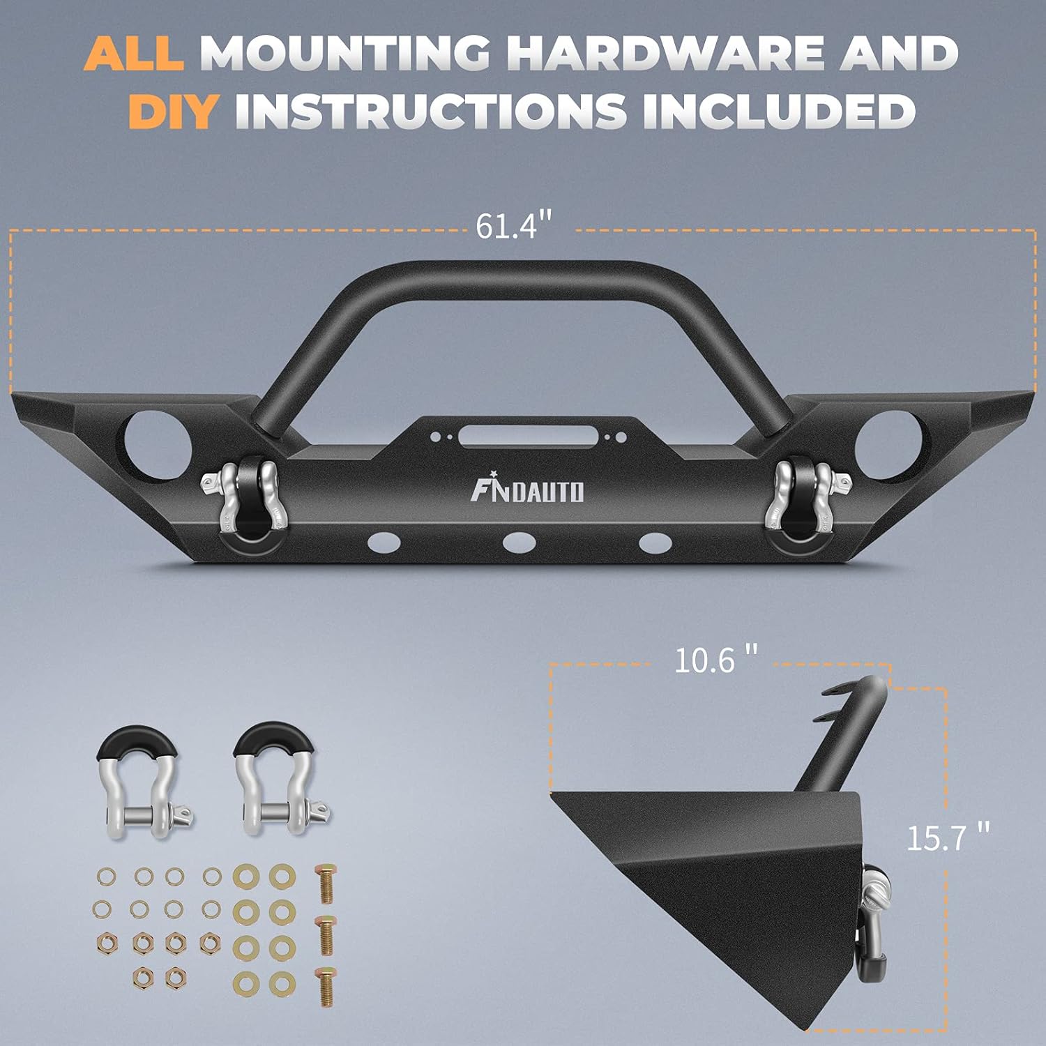 FINDAUTO Front Bumper Fit for 2007-2018 for Jeep Wrangler JK Upgraded Textured Black Rock Crawler Bumper with D-ring and Winch Plate