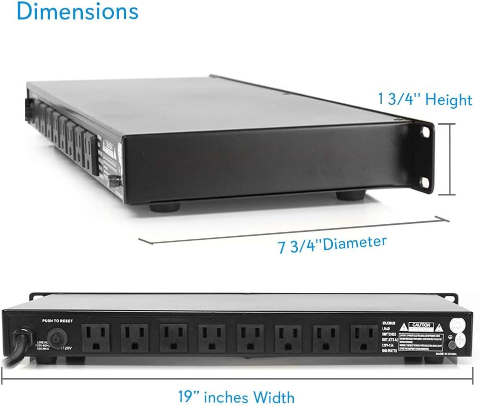 8-Outlet Rack Mount Power Conditioner - 15 Amp 1800W Black AC Surge Protector Suppressor Wall Power Strip w/ Multi Rear Socket Outlet For Home Electrical Appliance, Computer Components - Pyle PCO800