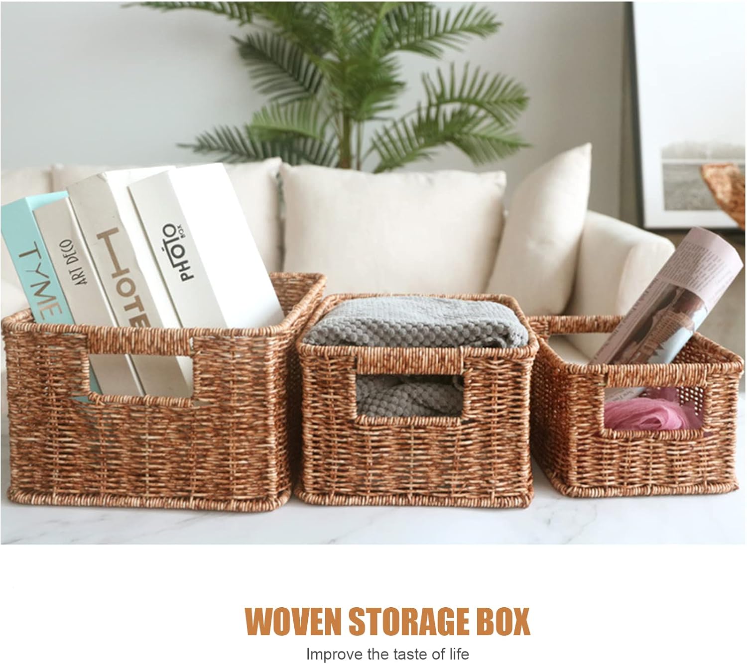 4 Pack Rattan Woven Storage Basket , Open Large Wicker Basket Container, Stackable Storage Shelf Organizer Basket with Built-in Handles, Rectangle(US Stock)