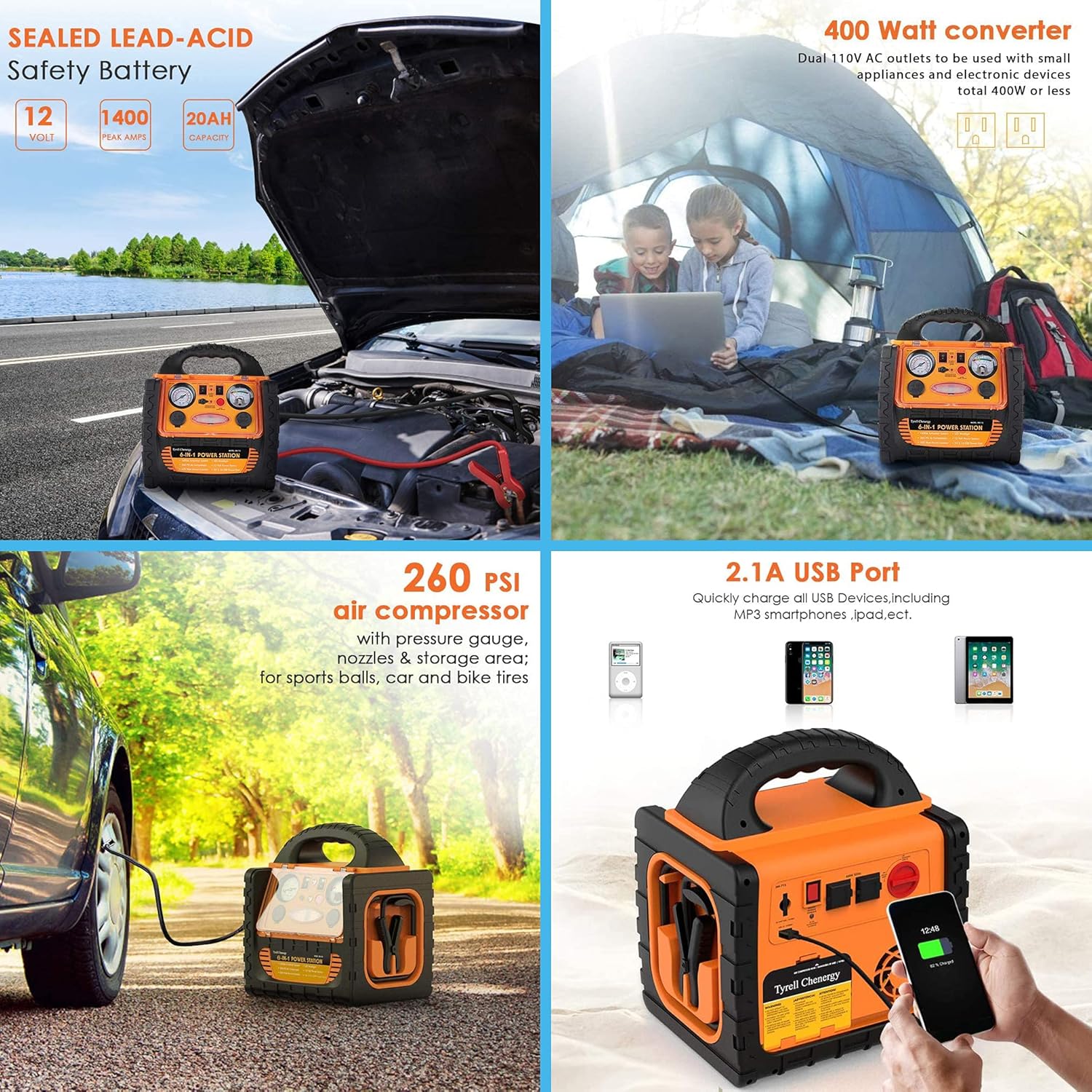 Portable Car Jump Starter 1400 Amp High Performance Power Station with Double AC 110 Volt Inverter Outlets 400W, 260 PSI Air Compressor, Double DC Sockets 12V/11A, 5V/2.1A USB Ports