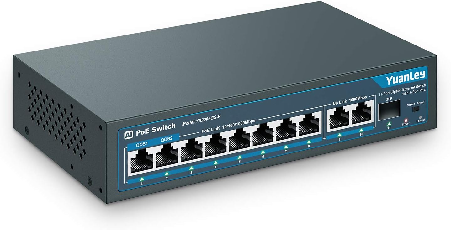 YuanLey 11 Port Gigabit PoE Switch, 8 PoE+ Port 1000Mbps, 2 Gigabit Uplink, 1 SFP Port, 120W 802.3af/at, Metal, Qos, Unmanaged Plug and Play AI Smart Detection Ethernet Switch Pack of 2