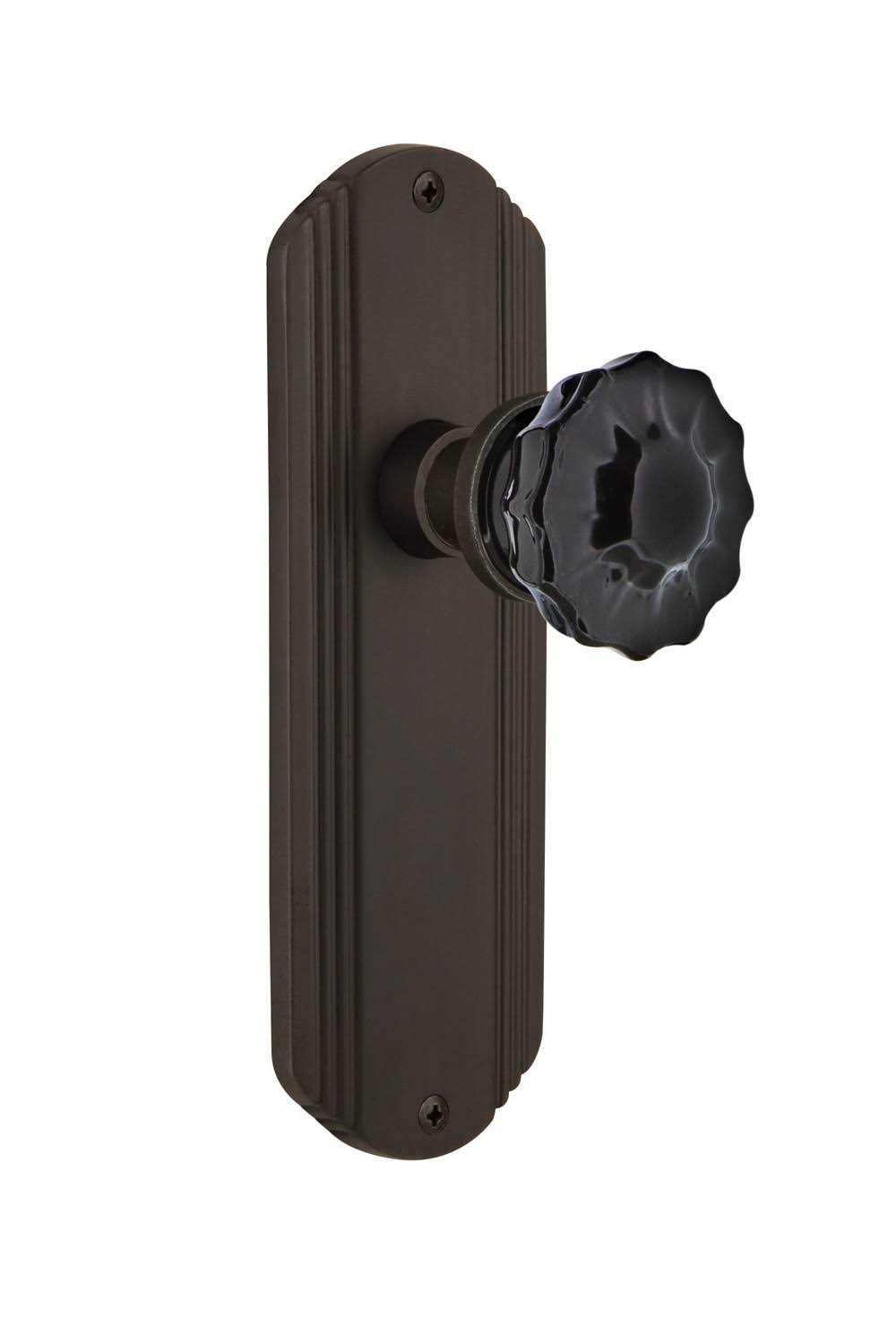 Nostalgic Warehouse Deco Plate Privacy Crystal Black Glass Door Knob in Oil-Rubbed Bronze