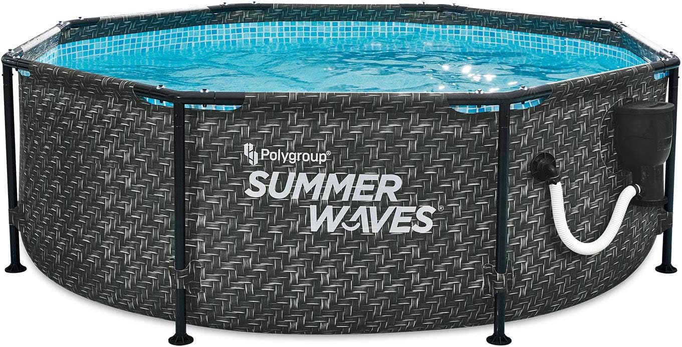 Summer Waves P2A00830A Active Metal Frame 8ft x 30in Round Above Ground Wicker Gray Swimming Pool w/Skimmer Plus Pool Filter Pump & Type 1 Cartridge