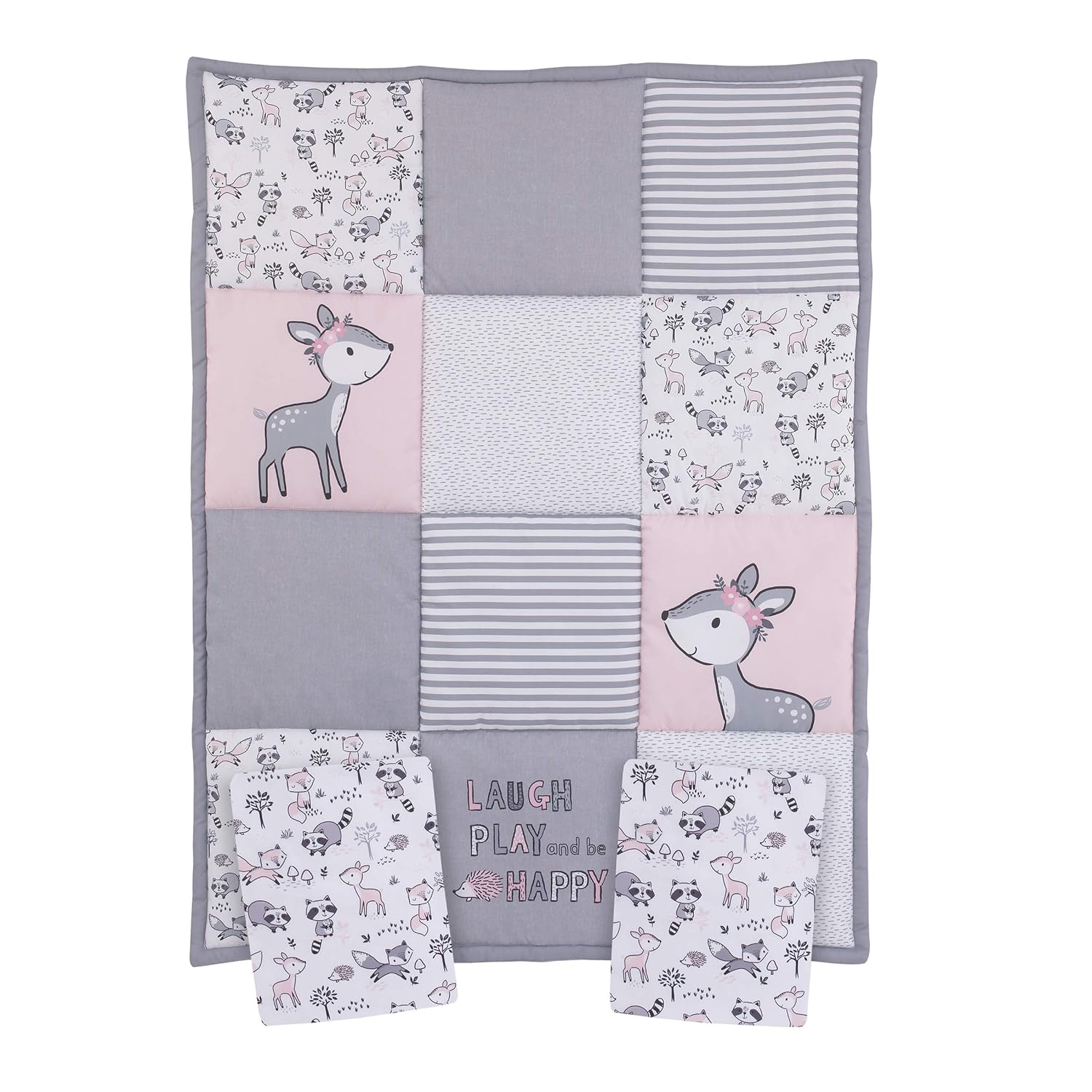 Little Love By Nojo Sweet Deer, Grey, Pink, White 3Piece Nursery Mini Crib Bedding Set With Comforter, 2 Fitted Mini Crib Sheets, Pink, Grey, White, Charcoal Pack of 2