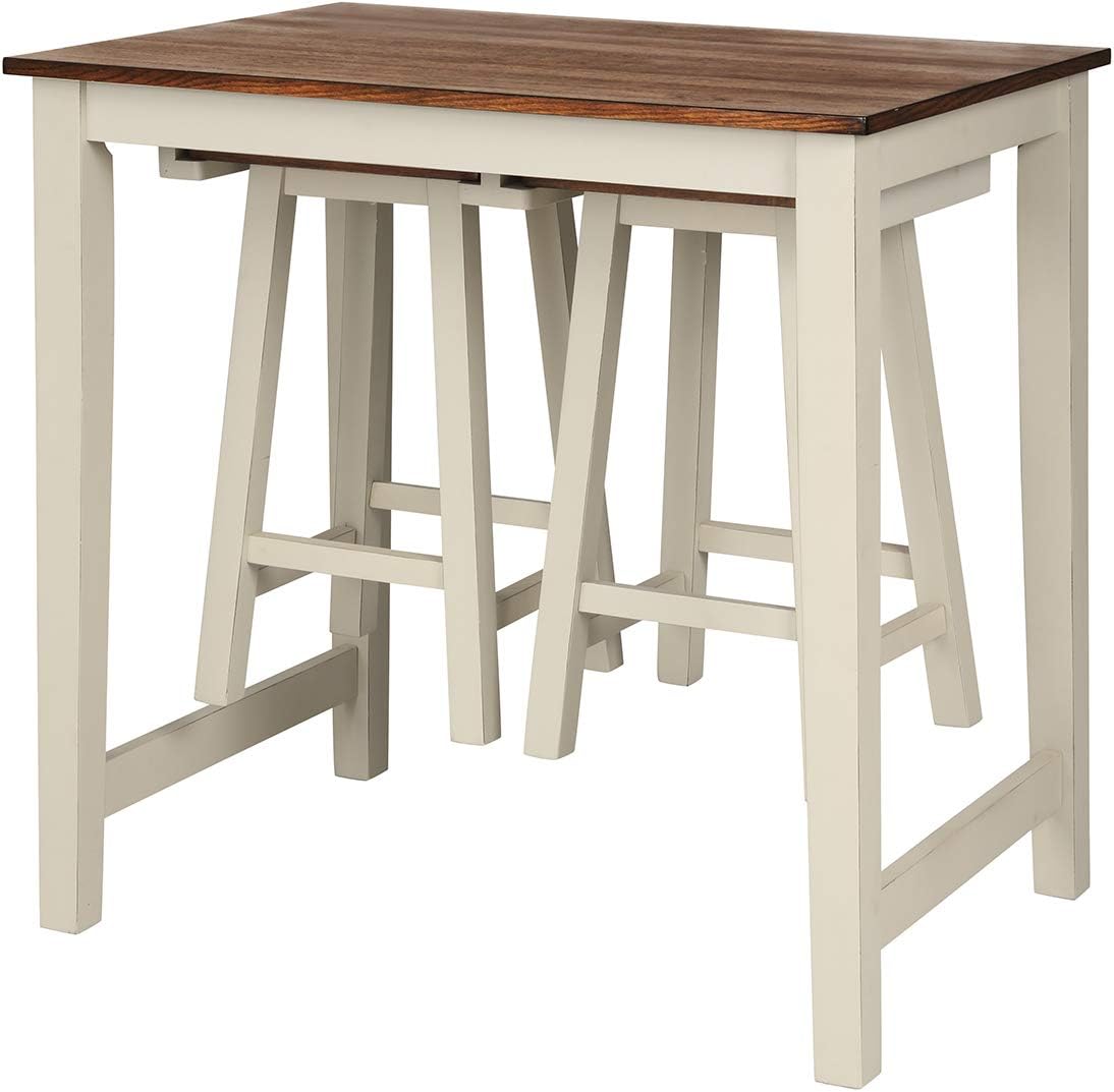 Giantex 3 Piece Pub Dining Set, Counter Height Pub Table with 2 Saddle Bar Stools, Tavern Collection Table Set for Living Room, Kitchen, Small Space (Brown & Milky White)