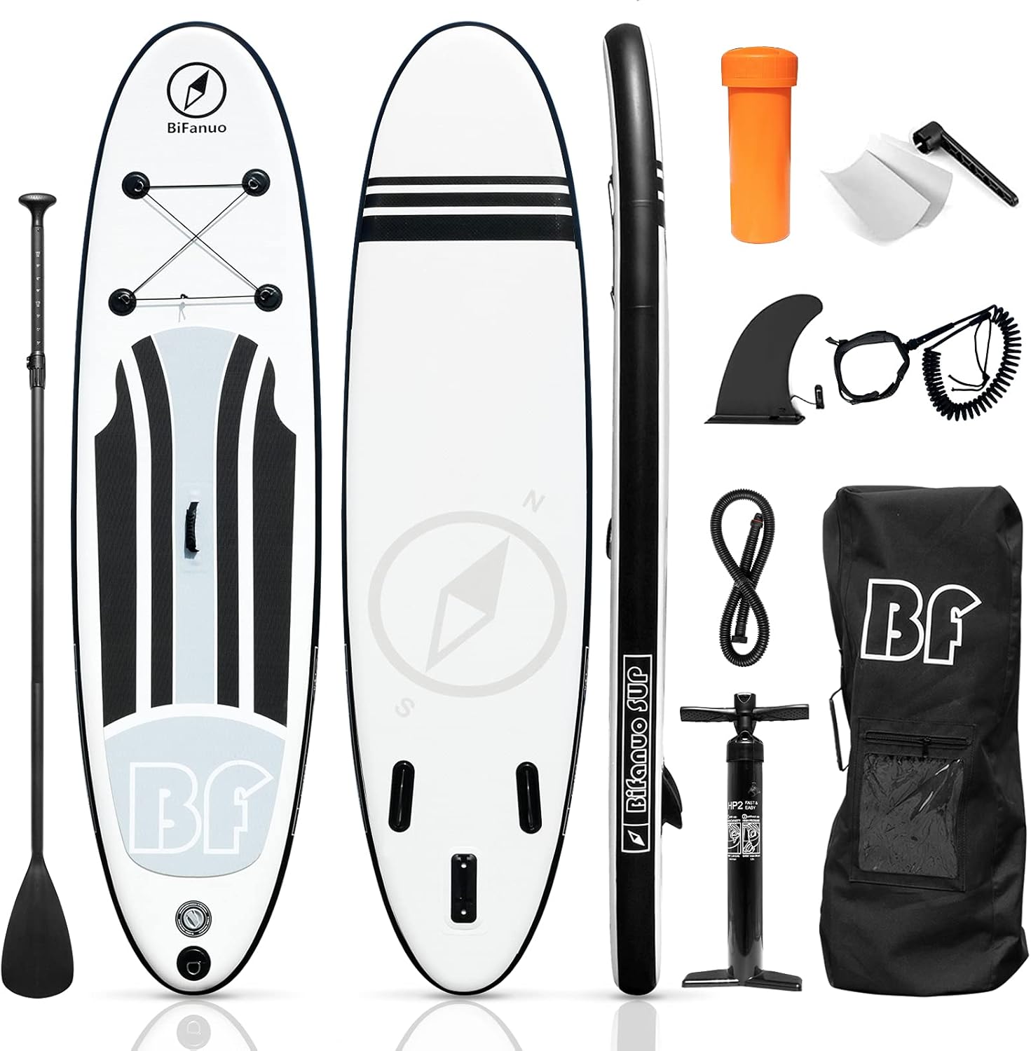 Bifanuo 10'x30''x6'' Inflatable Stand Up Paddle Board with SUP Accessories & Backpack. Non-Slip Deck,Wide Stance,Bottom Fin,Double Action Pump and Repair Kit.Youth & Adult Standing Boat