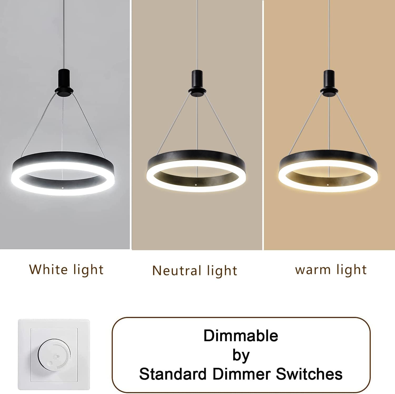 Dimmable LED Pendant Lights Fixtures,Kitchen Island Black Modern Chandelier 59in Cord Adjustable Height 1-Ring for Dining Room Bedroom Foyer Hallway Bar,15W 6000K Cool White