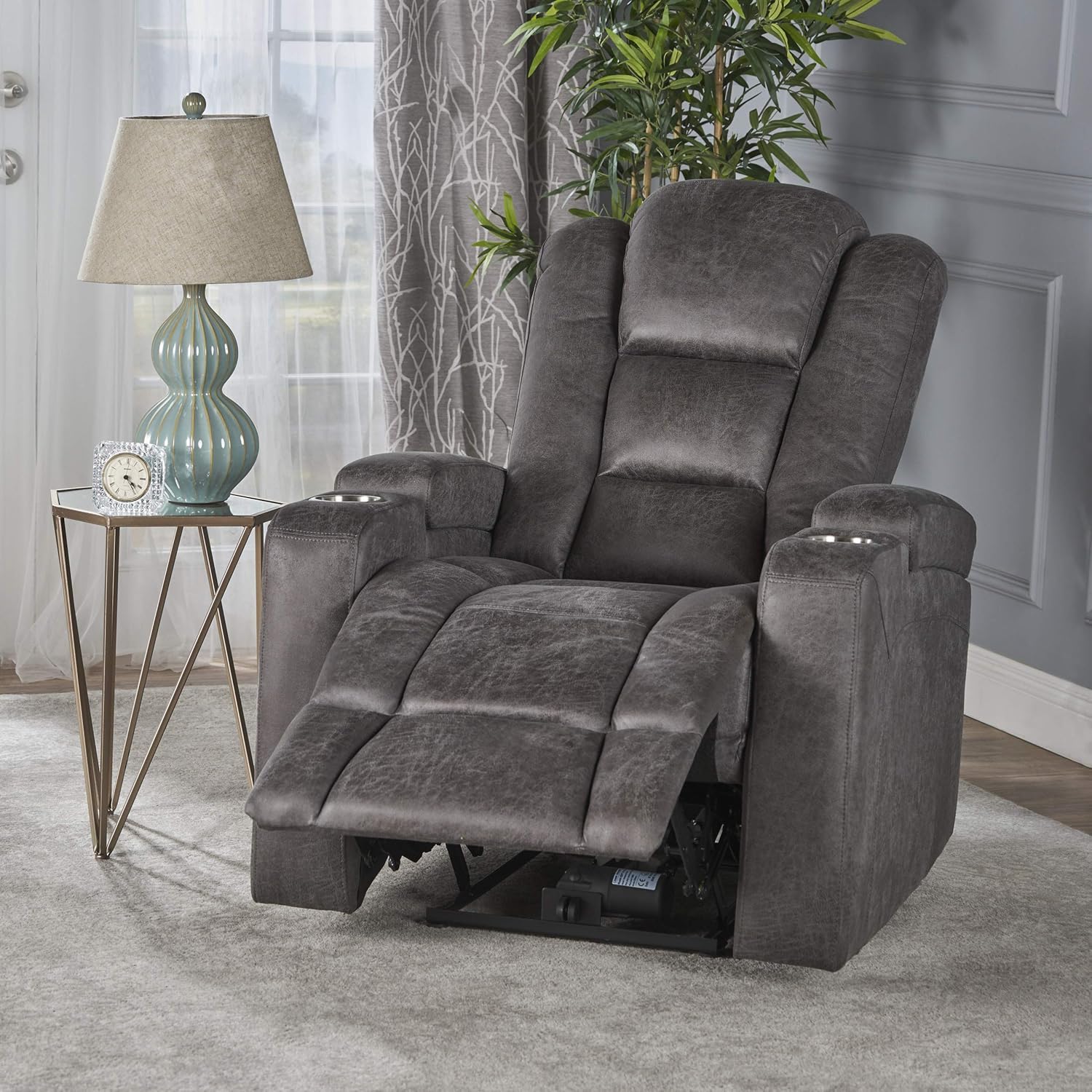 Christopher Knight Home Emersyn Tufted Microfiber Power Recliner with Arm Storage and USB Cord, Slate / Black