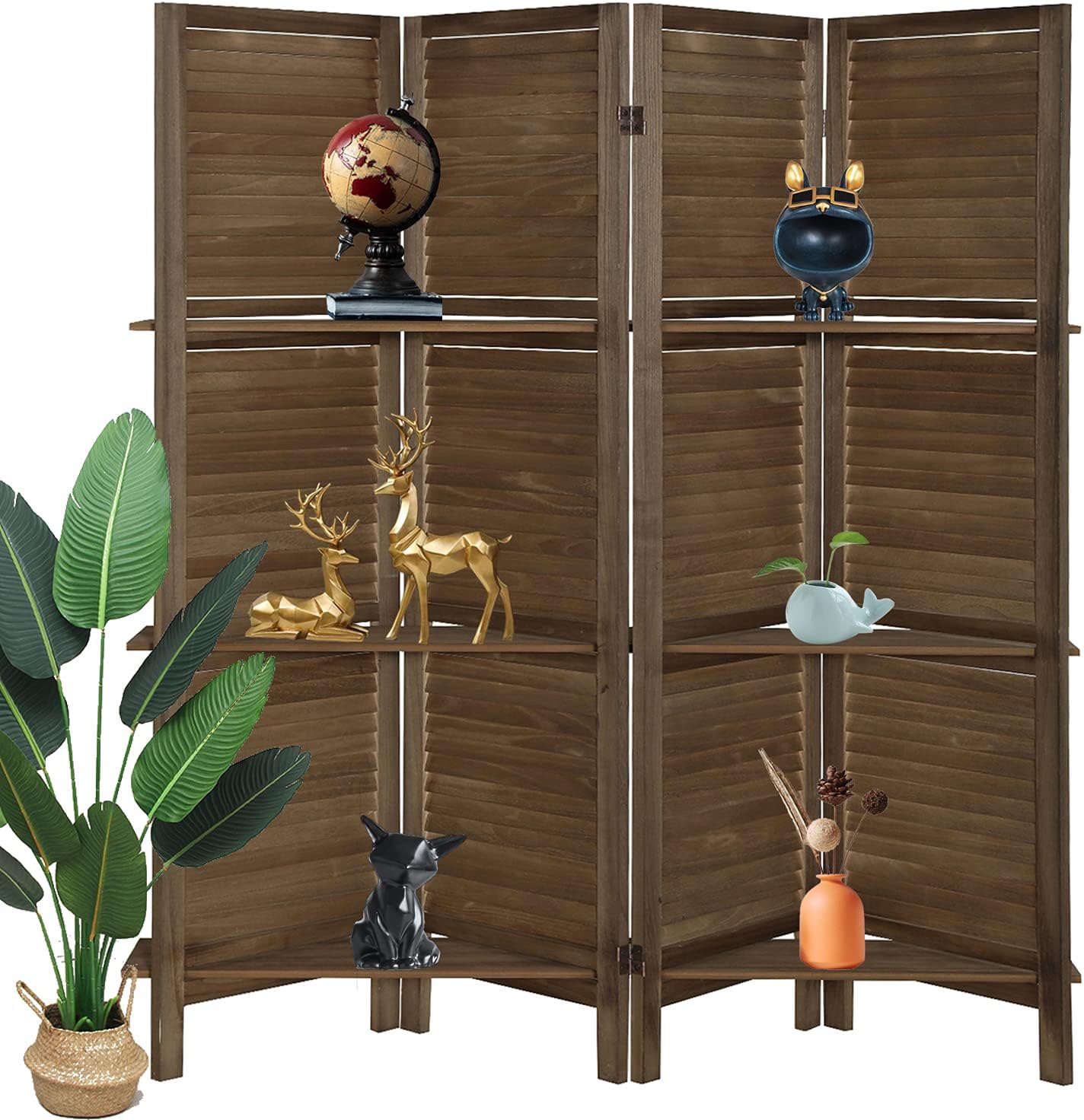 ECOMEX 4 Panel Room Divider with Shelves, Freestanding Screen Room Divider Wall, Folding Privacy Screen Partition Room Divider with Removable Display Shelves (White)