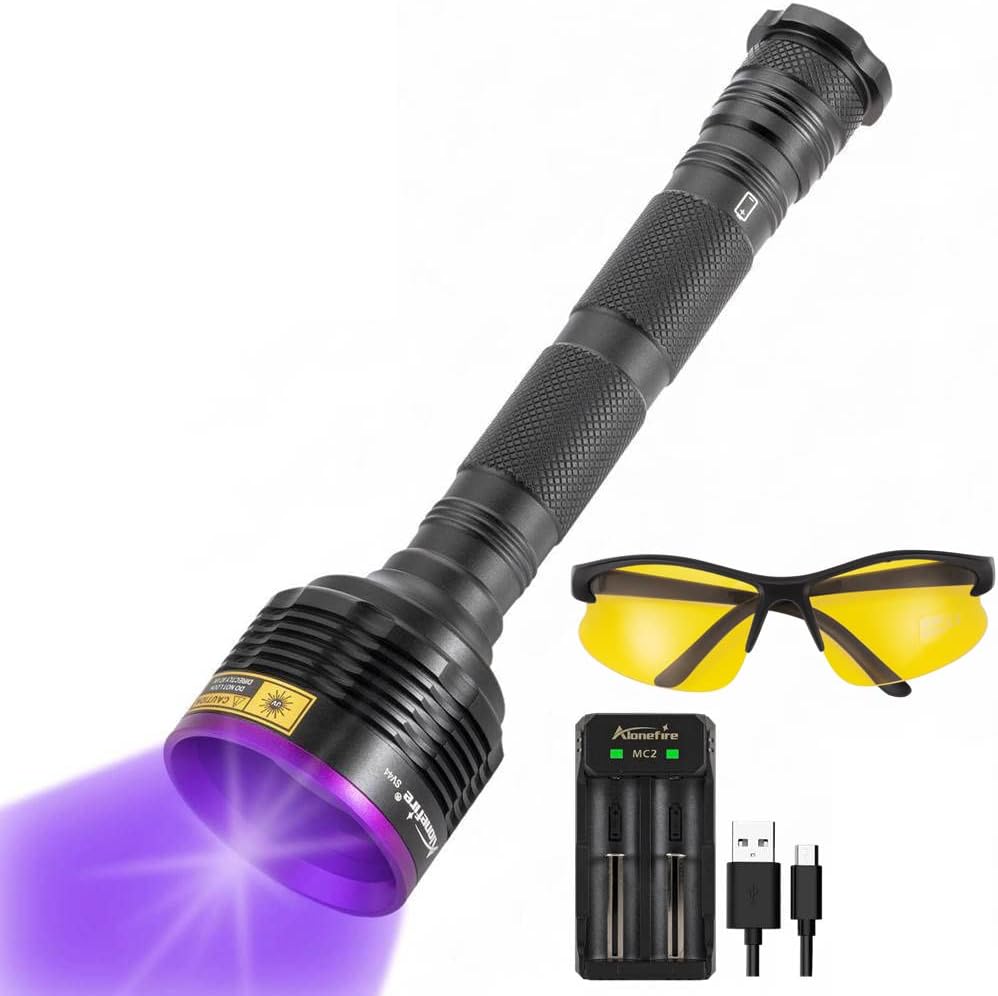 Alonefire SV44 20W 365nm UV Flashlight USB Rechargeable Ultraviolet Black Light Pet Urine Detector for Resin Curing, Fishing, Scorpion, Dry Glue with UV Protective Glasses, Battery Included, Charger