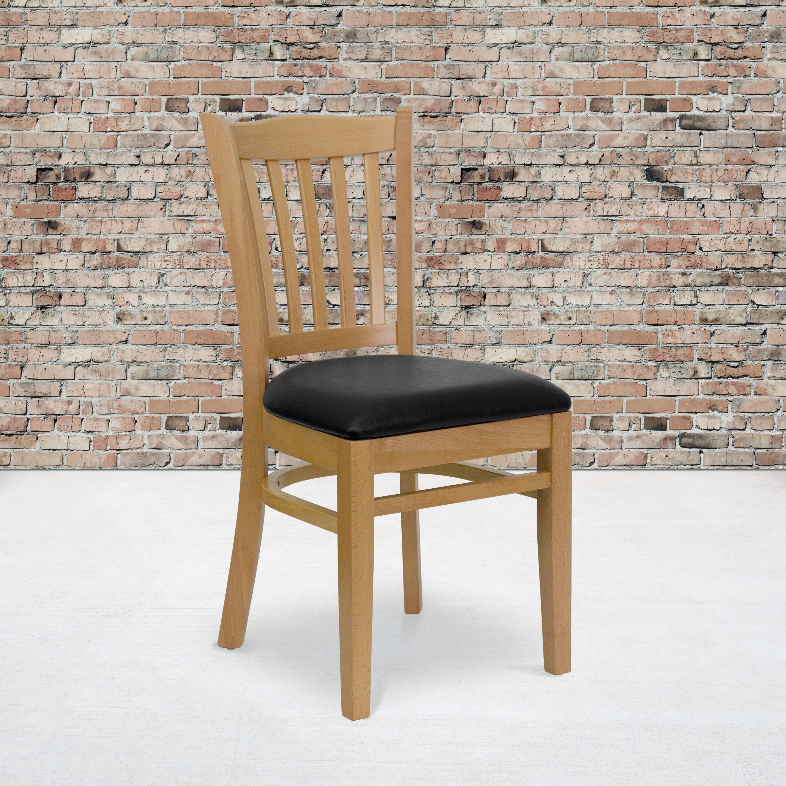 Vertical Slat Back Wooden Restaurant Chair (Black Vinyl Seat/Natural Wood Frame), Lancaster Home