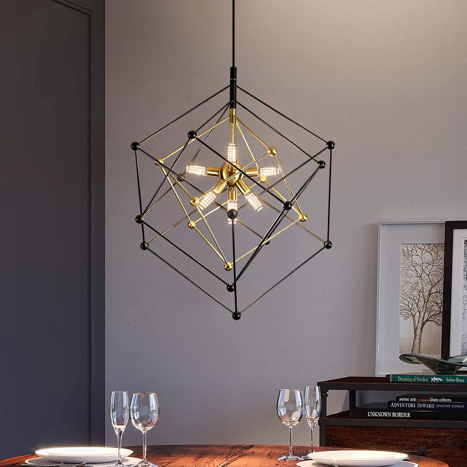 Geometry Chandelier Pendant Light Fixture, 6 Lights Mid Century Black and Gold Chandelier, Adjustable Height Lantern Chandeliers for Dining Room Living Room Entryway