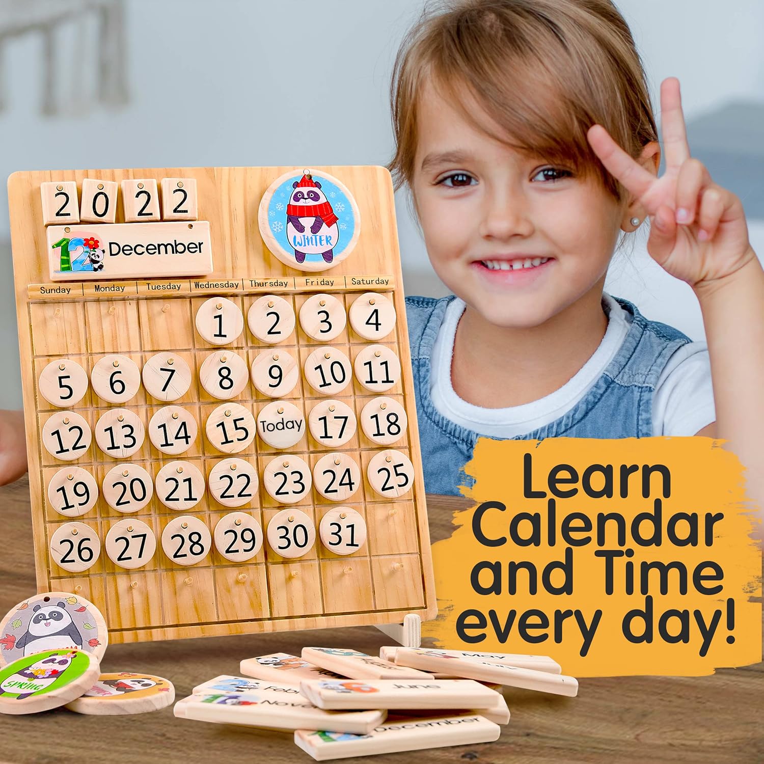Panda Brothers Wooden Perpetual Calendar - Montessori toy for kids learning Seasons, Months and Days of the Year, preschool calendar for kids learning for home and classroom teaching toddlers STEM toy