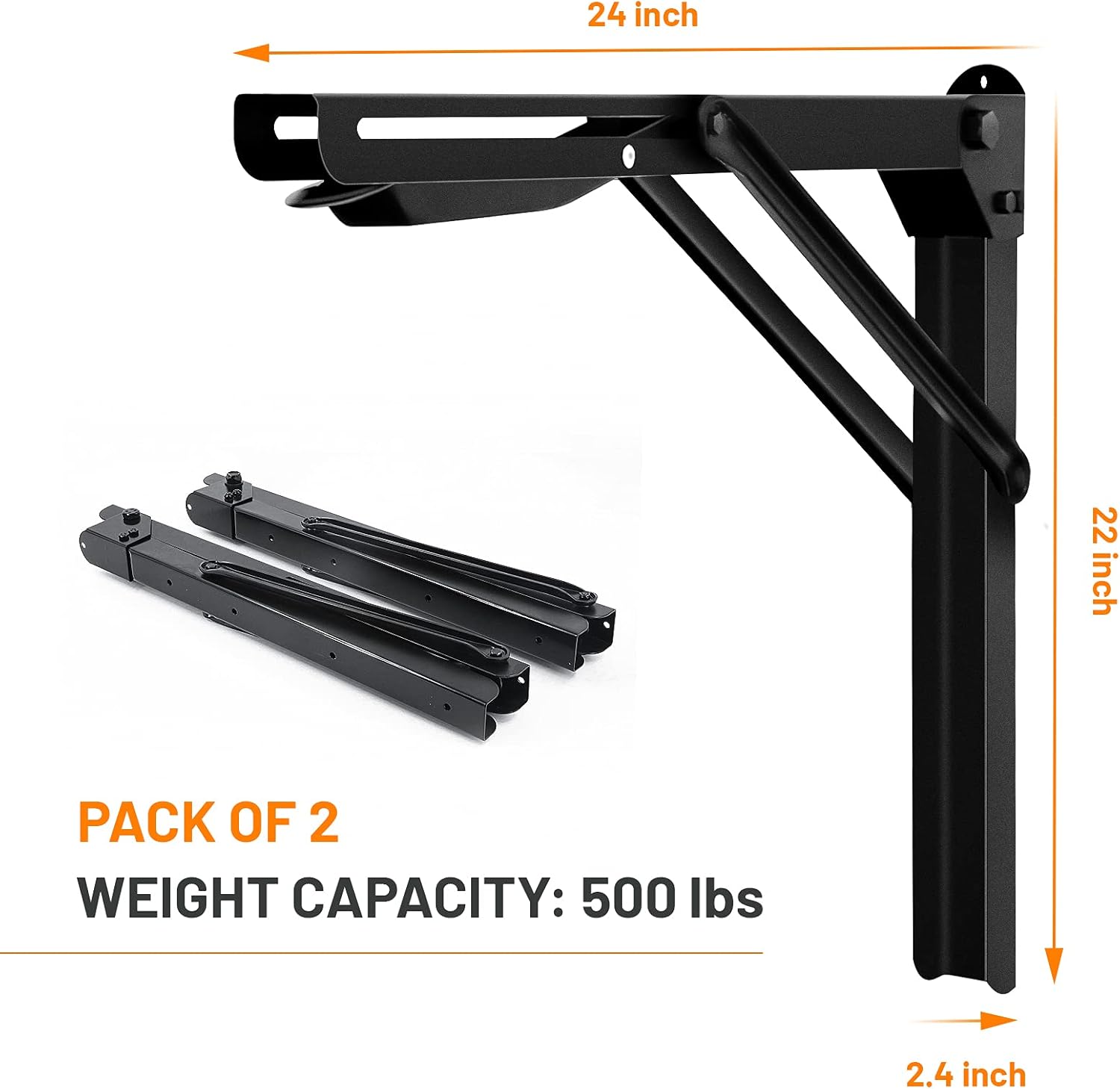 Wallmaster 24inch Folding Shelf Brackets Garage Heavy Duty Steel Max Load 500lb Floating Wall Mounted Collapsible Shelf Bracket Space Saving (Pack of 2, No Board) Pack of 2