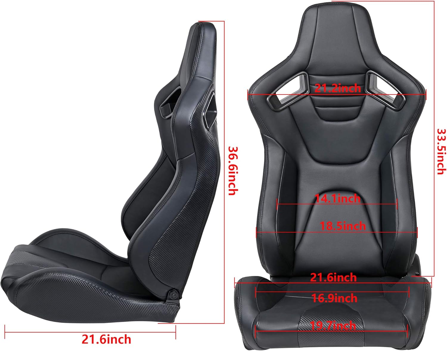 Racing Seats, Pair of PVC Leather Racing Bucket Seats with Dual Sliders, Black with Black Stitching
