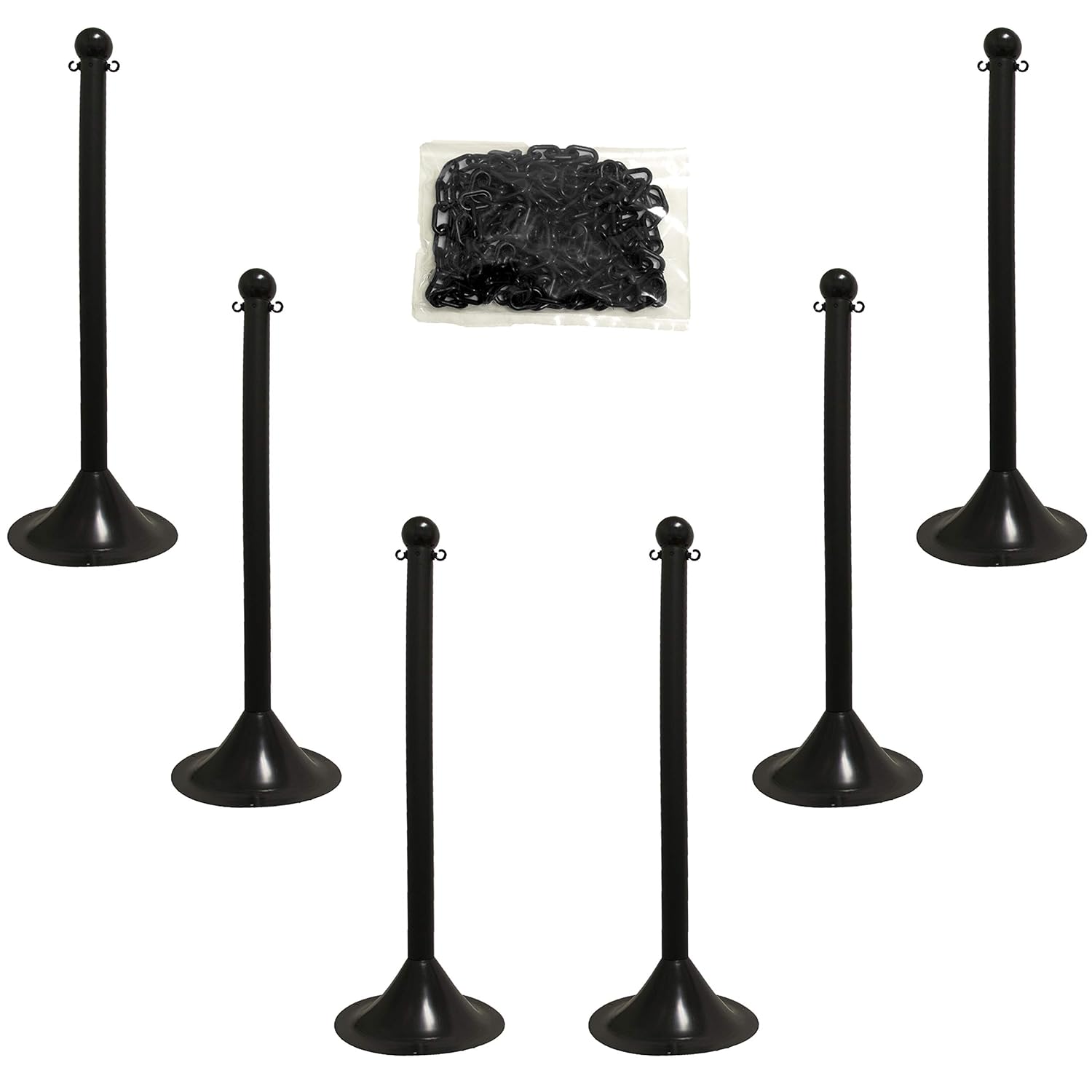 Mr. Chain Plastic Stanchion Kit with 50 Feet of 2-Inch Link Chain and C-Hooks, Black, Pack of 6 (71003-6)