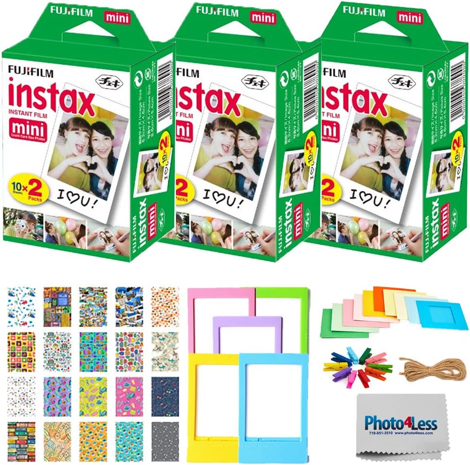 Fujifilm Instax Mini Twin Pack Instant Film (60 Exposures) + Travel Stickers + 5 Colored Frames + Hanging Frames + Cleaning Cloth Pack of 2