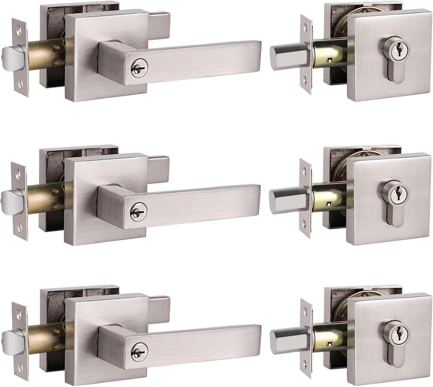 6 Pack GOBEKOR Satin Nickel Keyed-Alike Door Lever and Double Cylinder Deadbolt Combination Sets Exterior/Front Door Locksets,with Same Key Square Rosette,for Right/Left Handed Doors