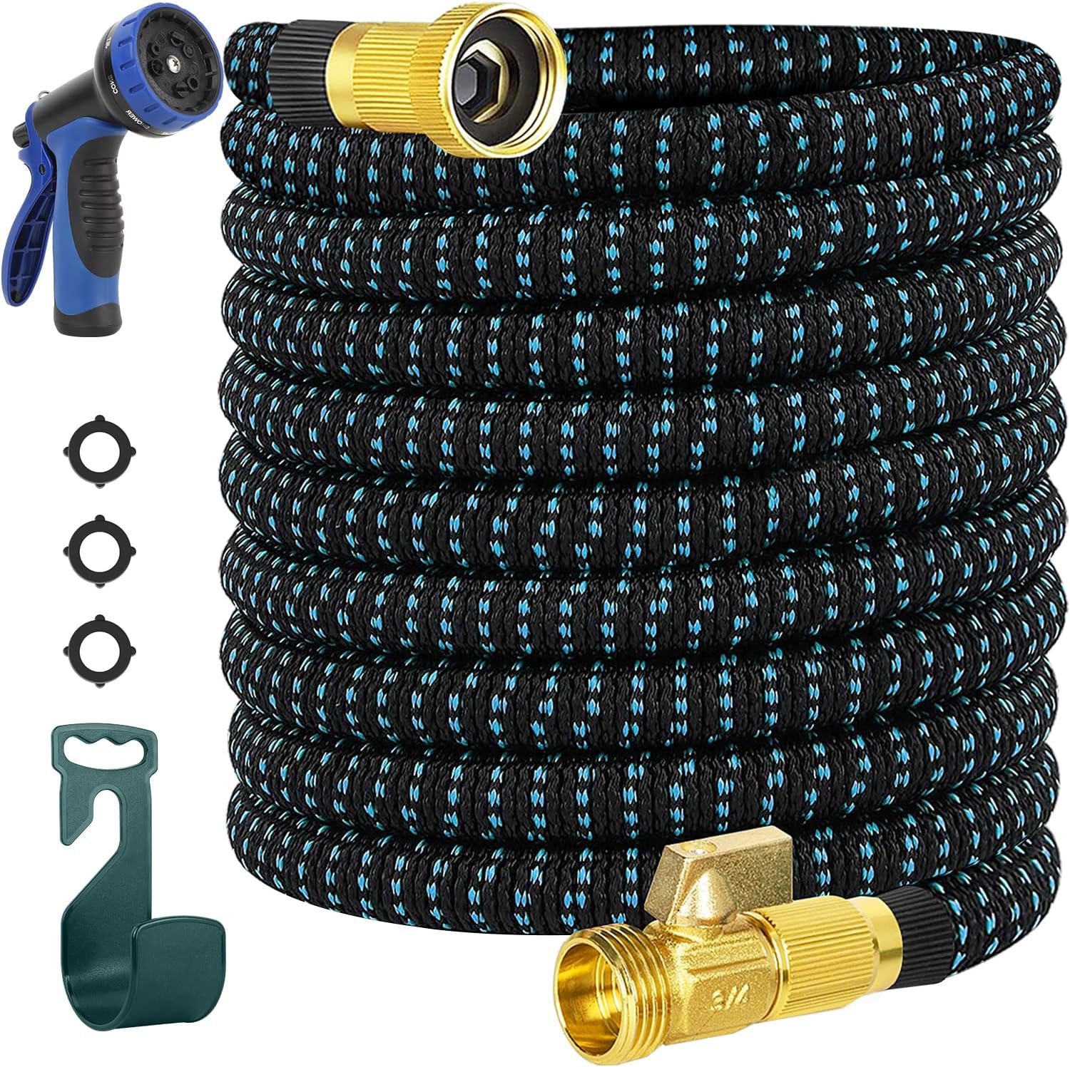 200 ft Flexible Expandable Garden Hose - 4 Layers Latex Core with 3/4 Inch Solid Brass Fittings and 10 Function Spray Nozzle - 200ft Portable Lightweight and Kink Free Water Hose Pack of 2