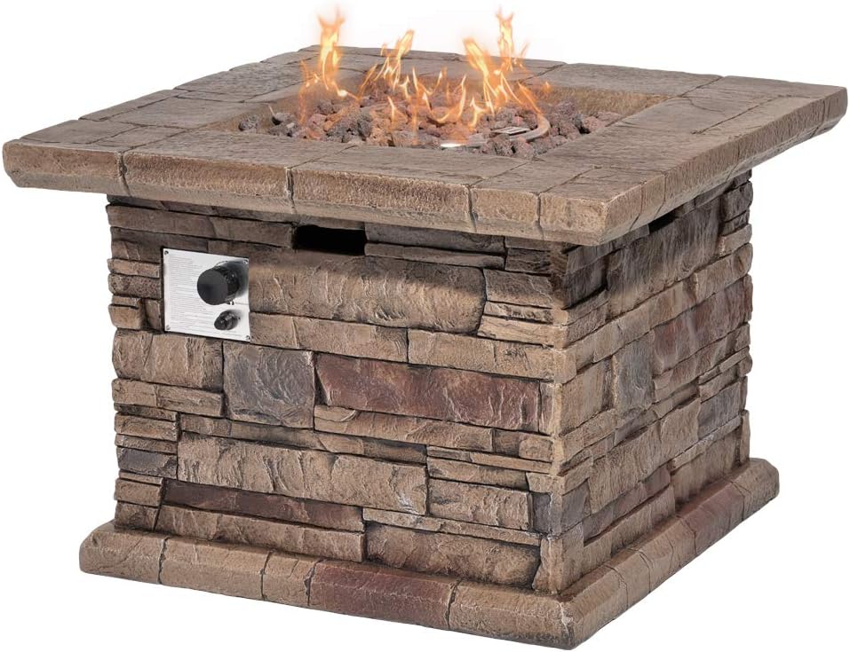 HOMPUS Outdoor Propane Fire Pit Table, 32-inch Square Concrete Propane Fire Pit with Lava Rocks and Rain Cover 50,000 BTU Gas Fire Pit for Patio, Deck or Backyard