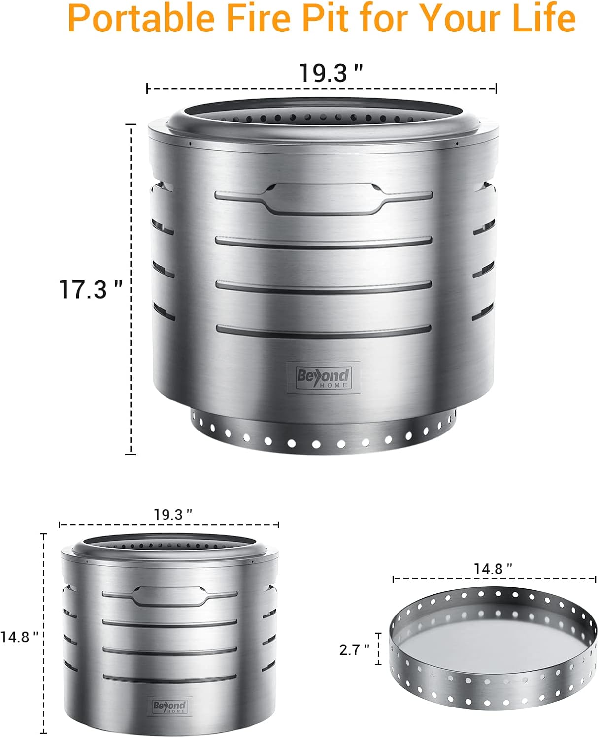 BeyondHOME Smokeless Fire Pit, Bonfire Fire Pit for Wood Burning, 19.3