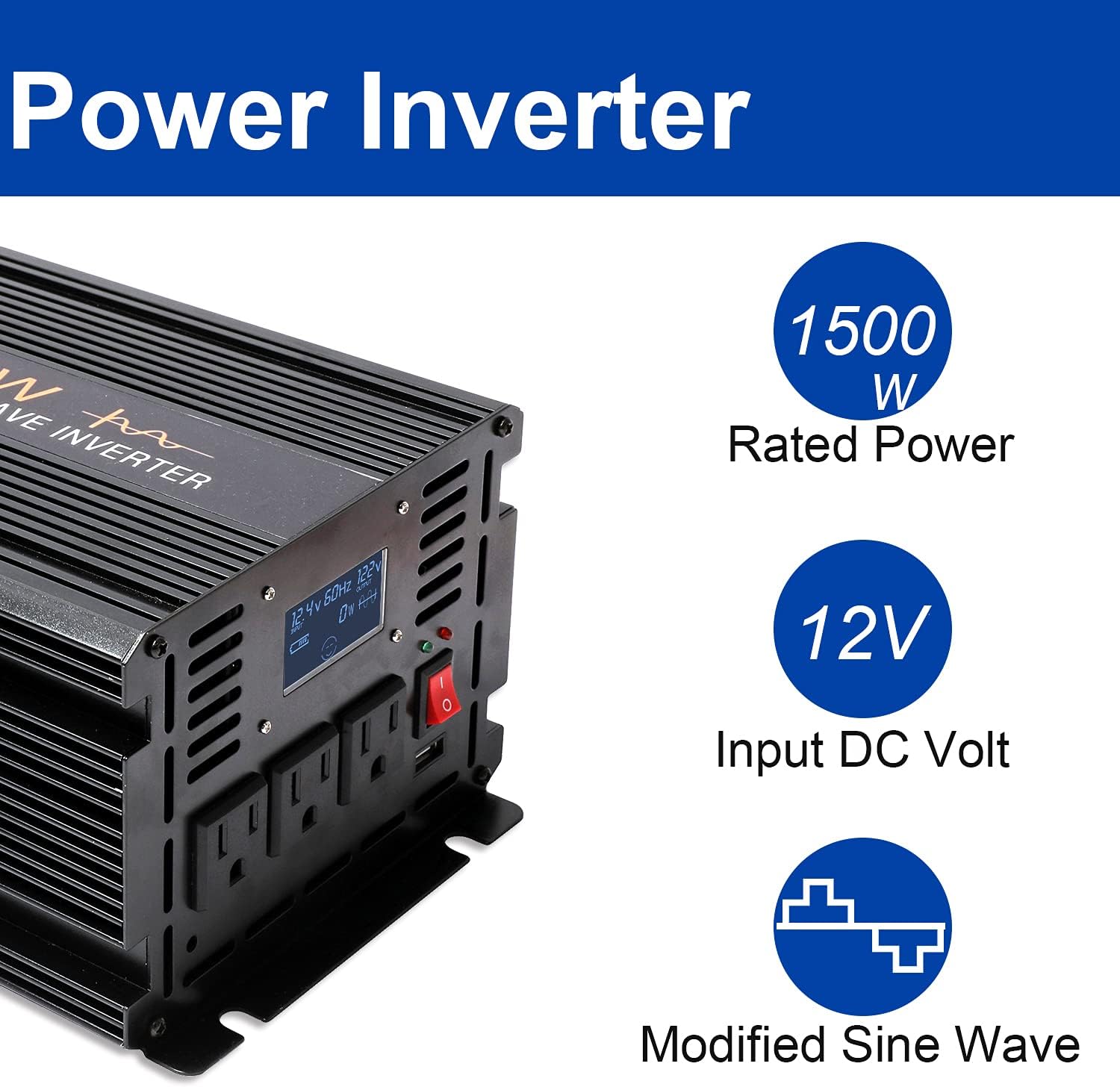 aeliussine 1500w Power Inverter 12v to 110v 120v Modified Sine Wave Power Inverter dc to ac Power Converter 3 ac Outlet (1500W 12V)