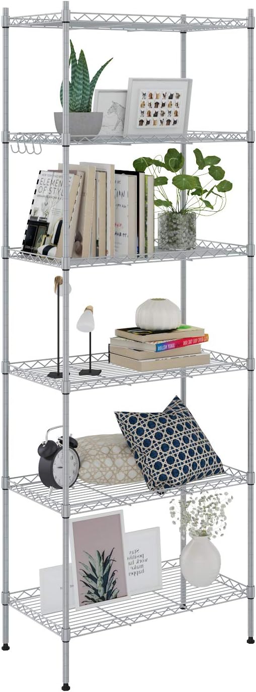 Devo 6-Tier Storage Shelf Wire Shelve Unit Rack Organizer for Garage Level Adjustable,Side Hooks Black