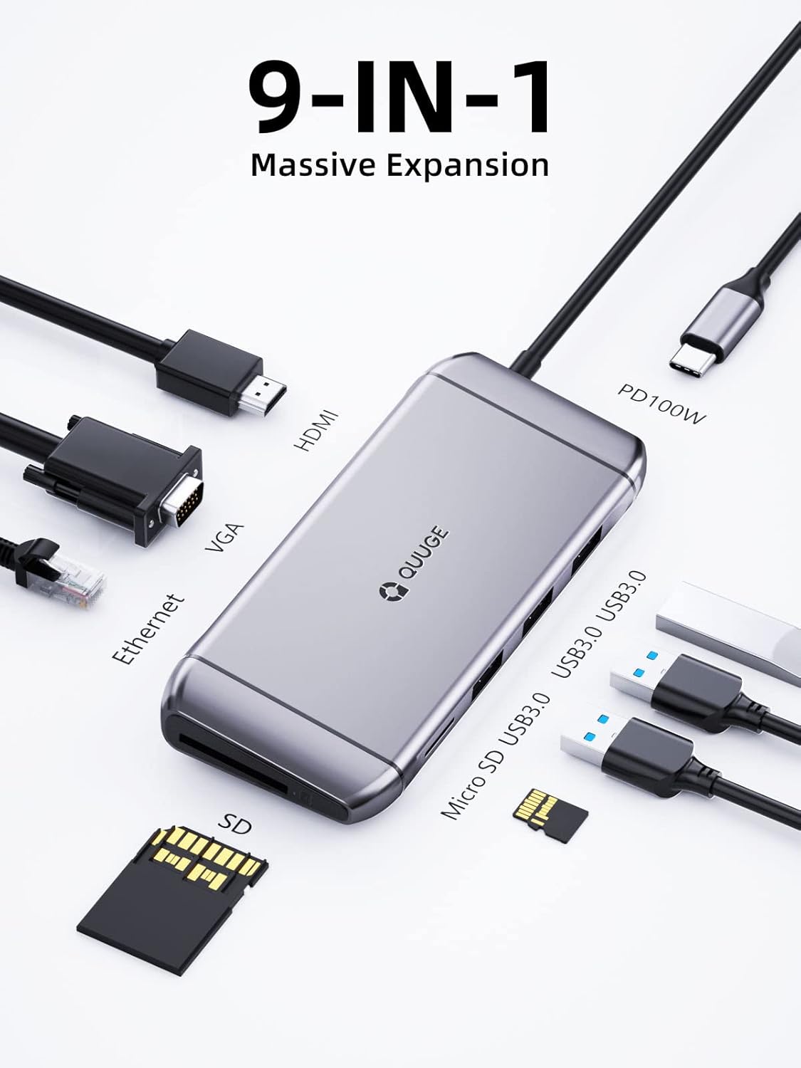 USB C Hub Multiport Adapter - QUUGE 9 in 1 Docking Station Dual Monitor with 3 USB 3.0, 4K HDMI, 100W PD, RJ45 Ethernet, VGA, SD TF Card Reader for MacBook Pro Air Windows Chrome