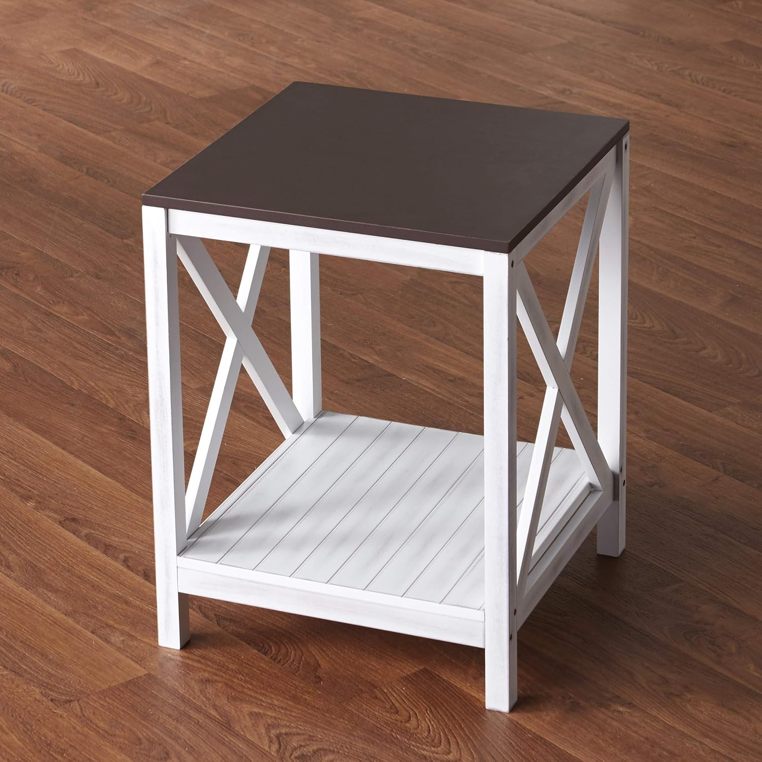 The Lakeside Collection Two-Tone End Table with X Design Legs and Lower Shelf for Storage - White Pack of 2