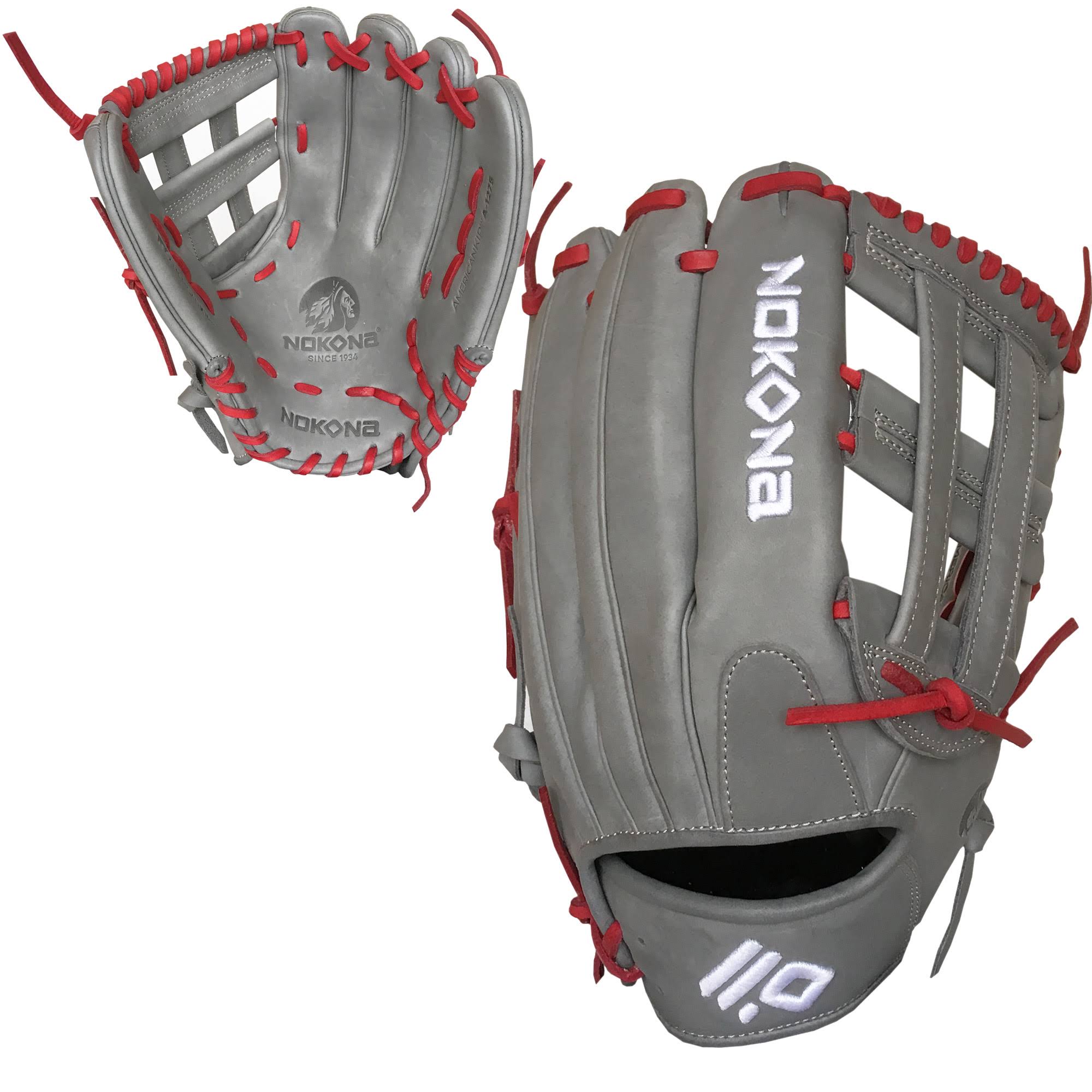 Nokona AmericanKip Gray H-Web 12.75 inch A-1275H-GR RD Baseball Glove (Red Lacing)