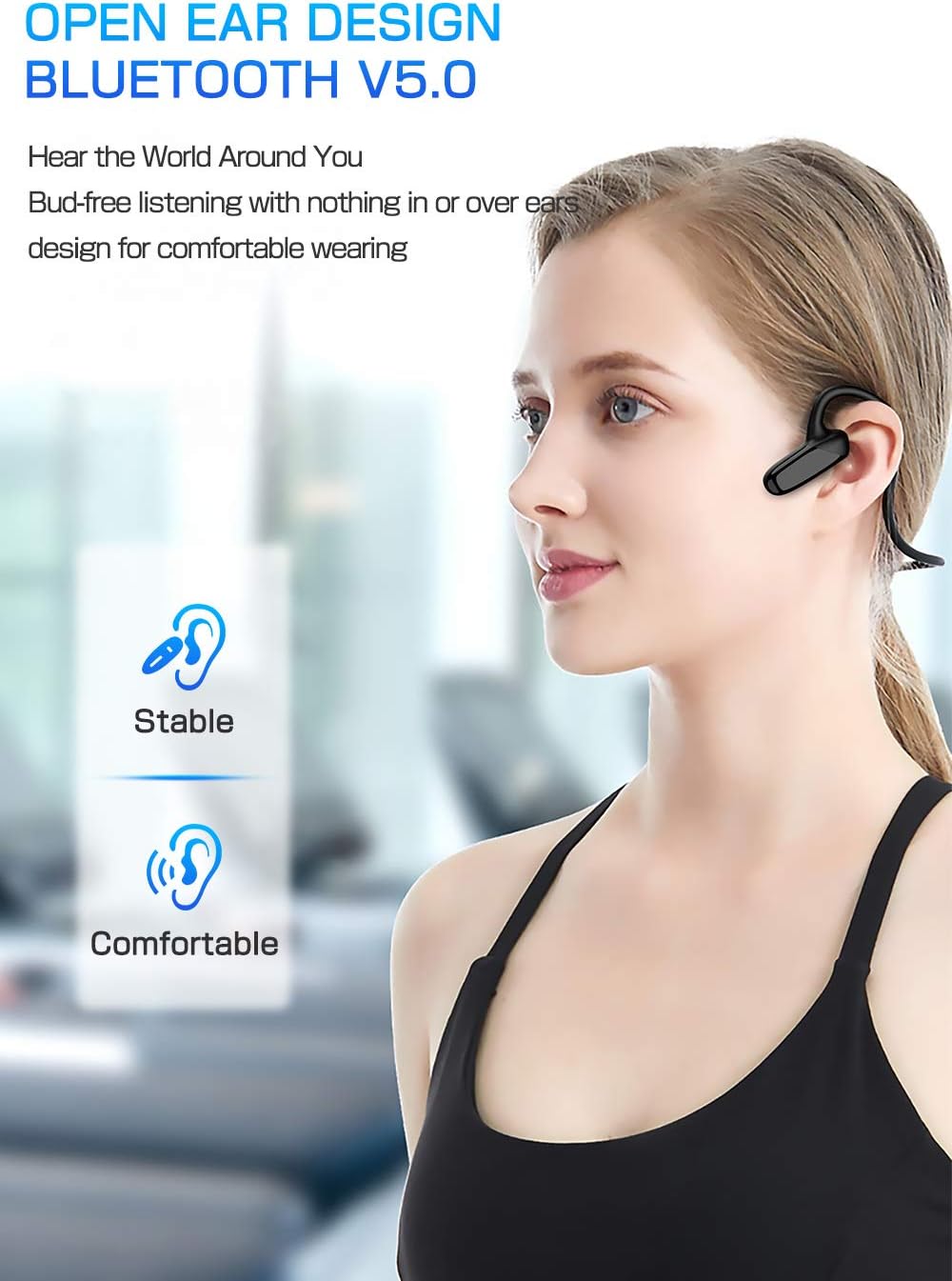 Open Ear Wireless Bone Conduction Headphones, Bluetooth 5.0 Wireless Earphones, High Sound Quality, Waterproof Sports Open-Ear Headsets for Running Hiking Driving Bicycling (Black)