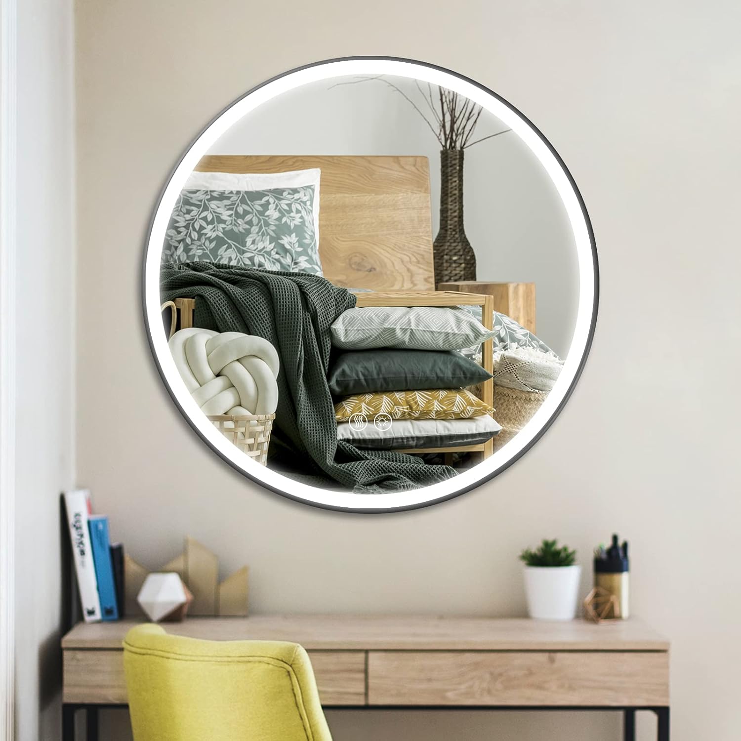 ISTRIPMF 32 Inch Round Led Mirror Anti-Fog Circle Mirror Shatterproof Dimmable Lighted Bathroom Mirror with Memory Touch Button, 3 Color Adjustable Bathroom Mirror Black Framed