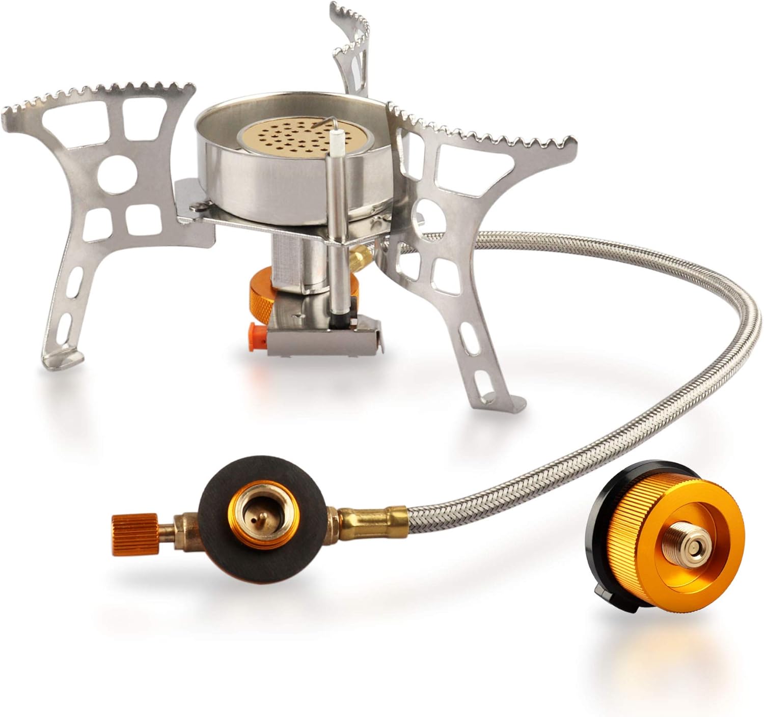 Camping Stove Backpacking Stove Portable Gas Stove with Piezo Ignition, 3900W Lightweight Windproof Split Burner, Butane Adapter, Cookware Survival Kit Gadgets Gear for Outdoor Hiking, Emergency 2PCS