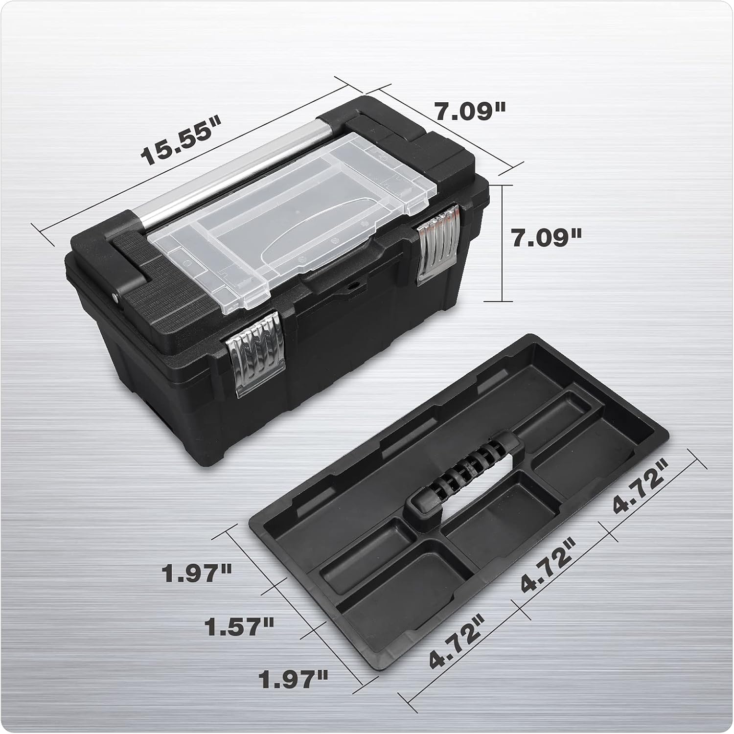Jack Boss Tool Organizer Box 15.5 Inch Durable Tool Storage Box with Portable Removable Tray,Alum Alloy Handle,Tool Box with 2 Metal Snap Lock