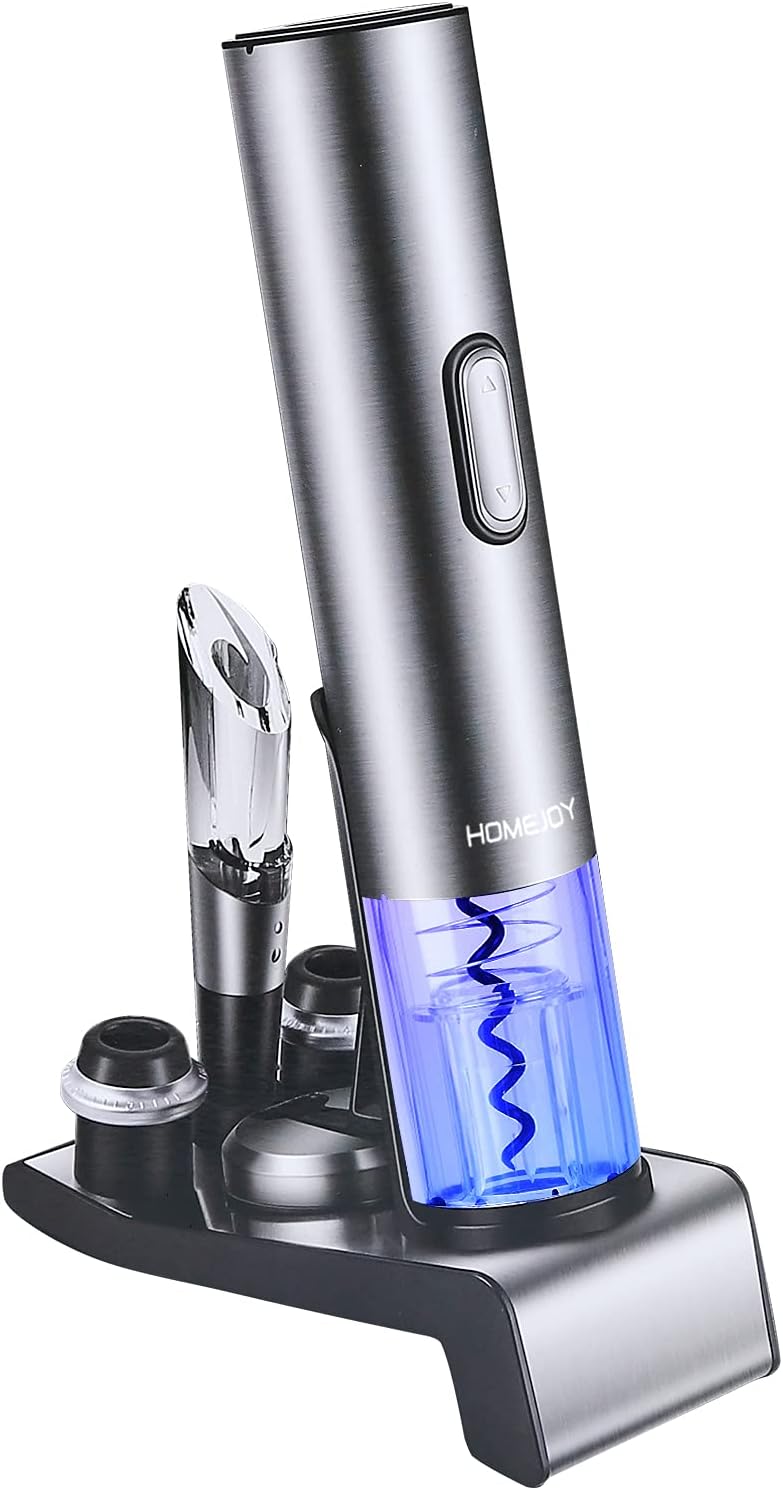 HOMEJOY Electric Wine Opener, 6-in-1 Wine Gift Set Automatic Rechargeable Cordless Vacuum Pump with Foil Cutter, Vacuum Stopper, Wine Pourer, Store Stand, for Home Party Wedding Pack of 2