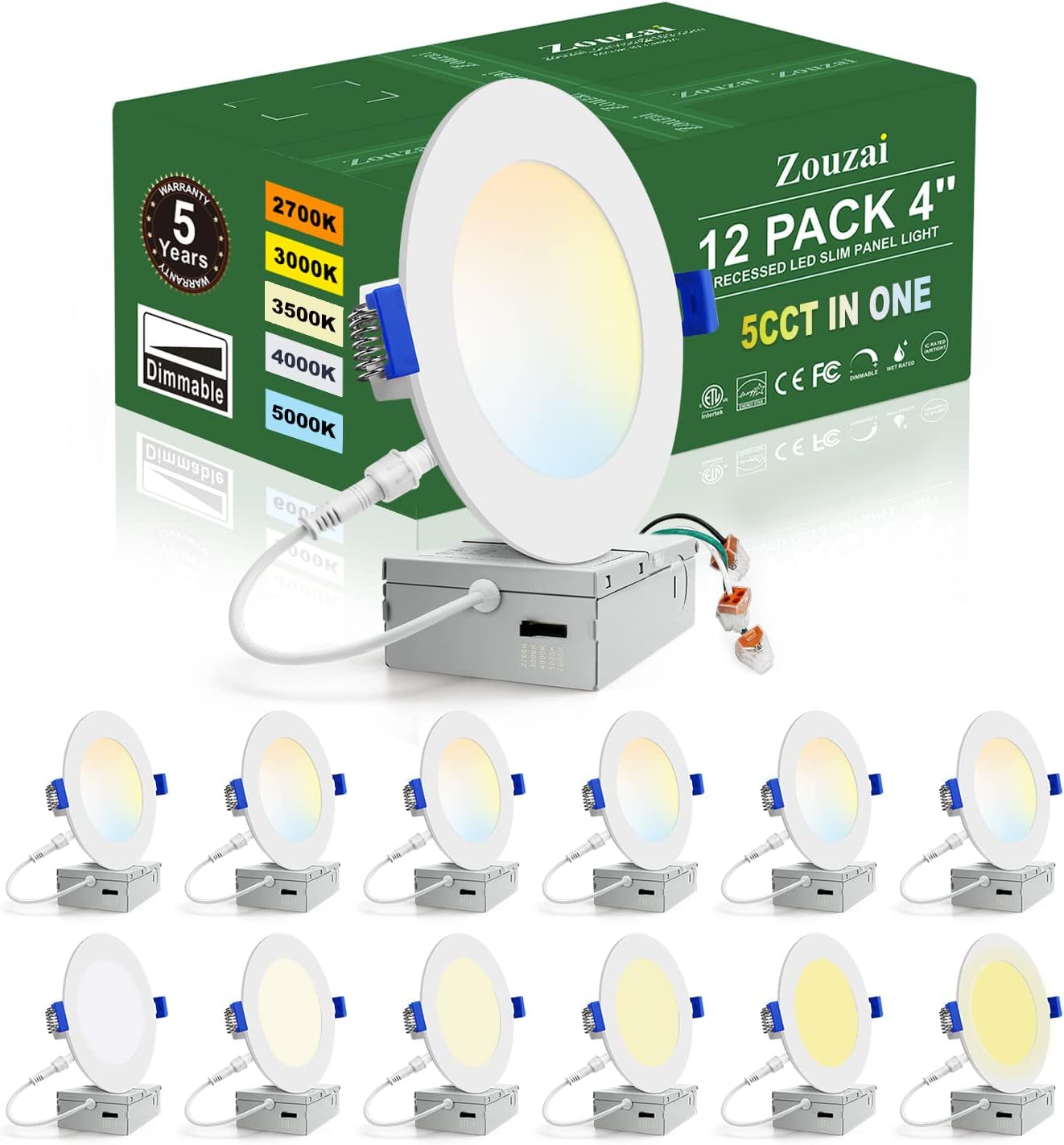 zouzai 12 Pack 4 Inch 5CCT Ultra-Thin LED Recessed Ceiling Light with Junction Box, 2700K/3000K/3500K/4000K/5000K Selectable, 9W 80W Eqv, Dimmable, led can Lights - ETL Certified