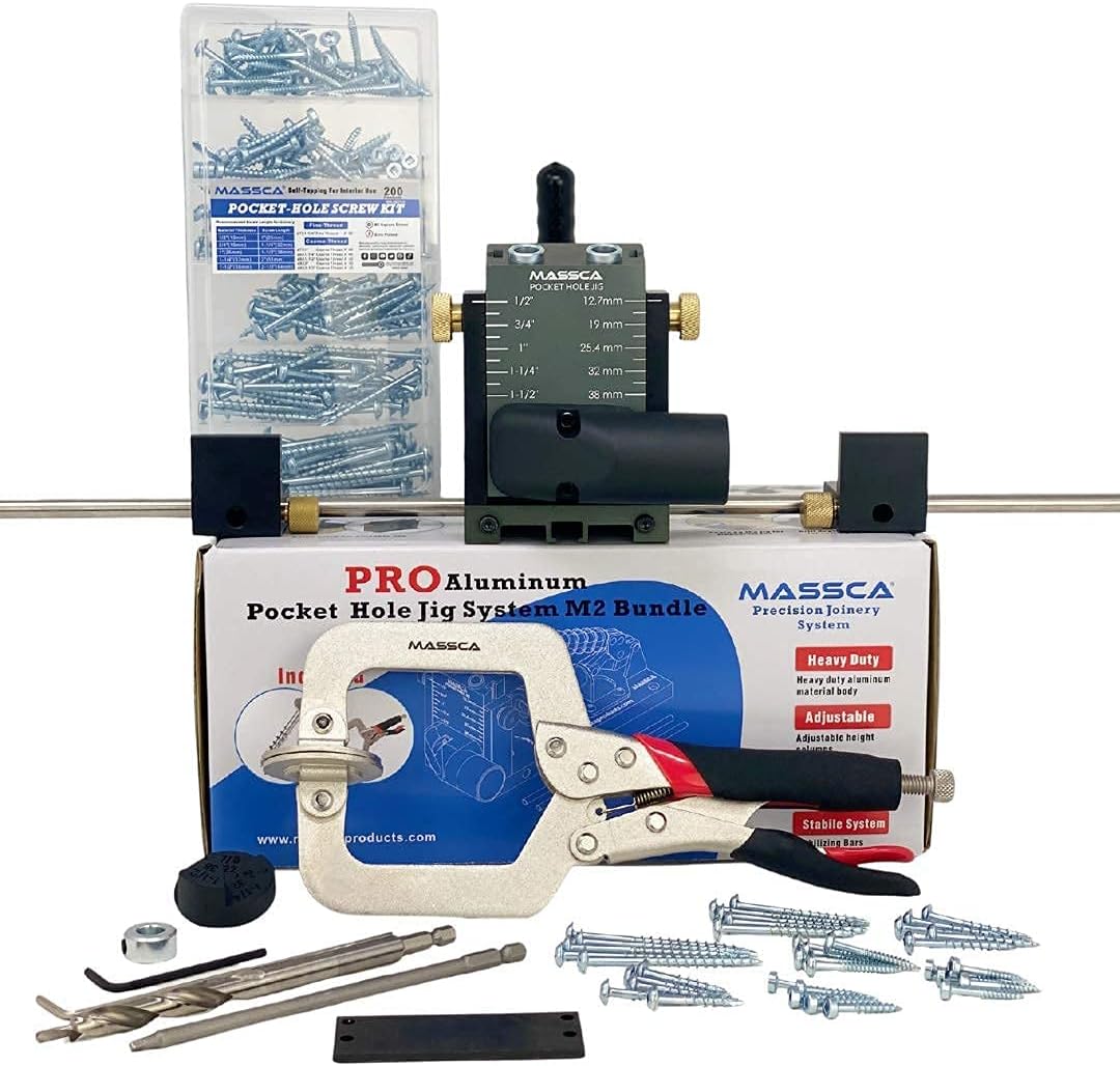Massca Pro Aluminum Pocket Hole Jig System Set -M2 Bundle &ndash; Adjustable & Easy to Use Joinery Woodworking Tool w/Drill Bit, Hex Key Screws, Square Driver, Stop Collar & Face Clamp