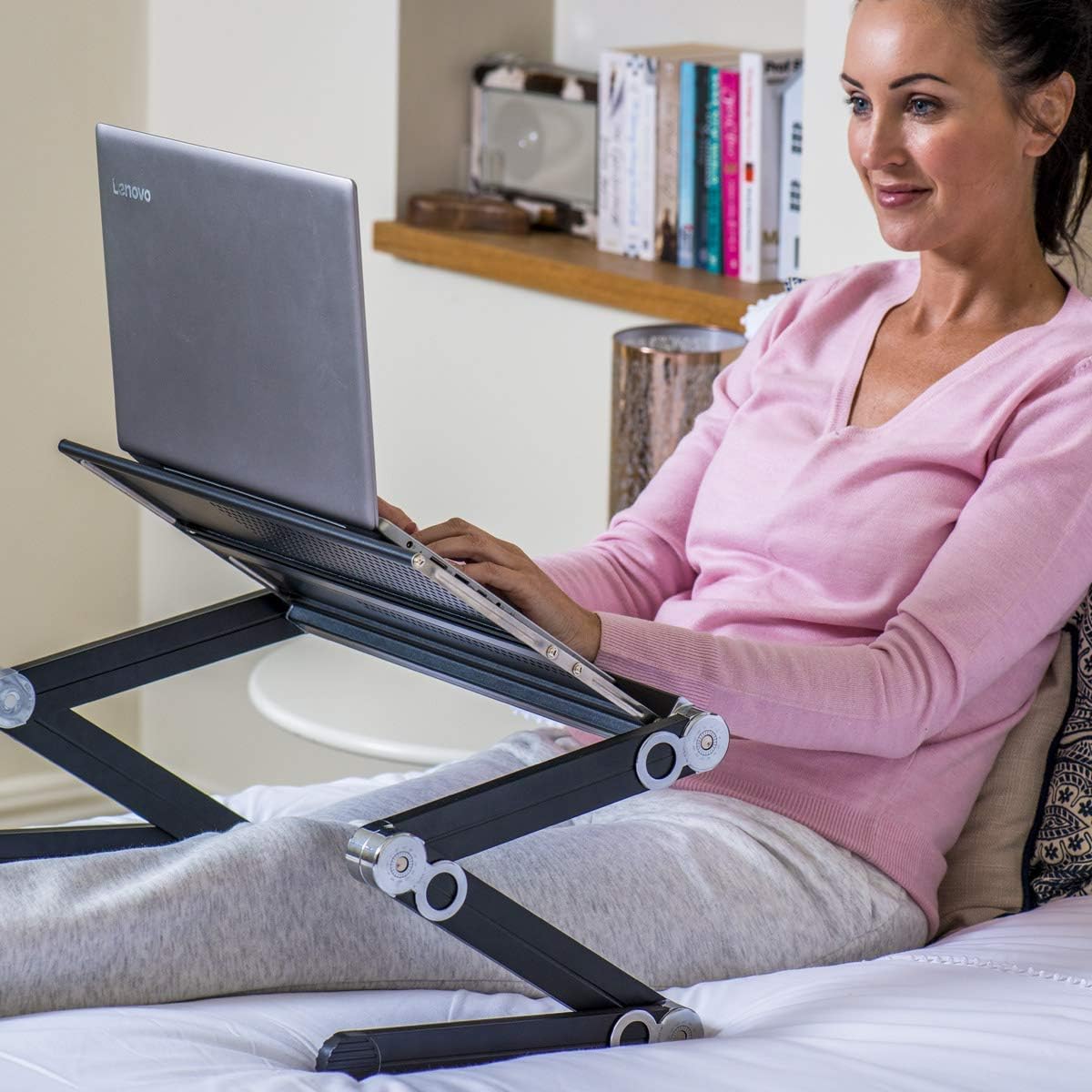 BackPainHelp Posture Laptop Stand Desk Table Tray for Bed, Aluminium, Adjustable Portable Folding Standing Desk Computer Riser (Black) Pack of 2