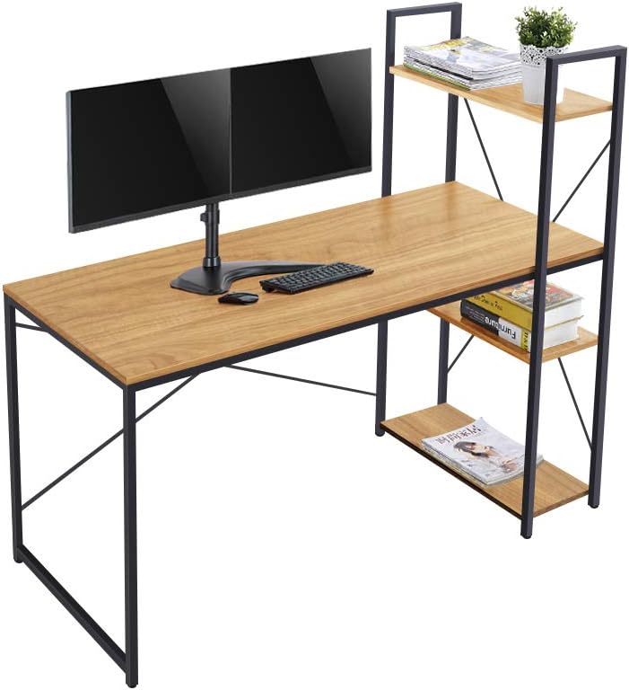 AZL1 Life Concept Tower Computer Desk with 4 Tier Shelves - 47.6'' Multi Level Writing Study Table with Bookshelves Modern Steel Frame Wood Desk Compact Home Office Workstation (Natural brown)