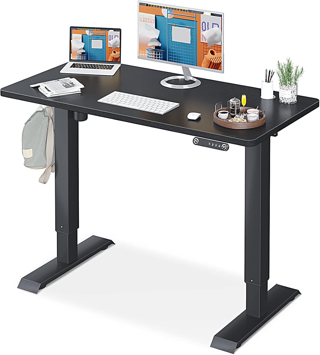 KKL Height Adjustable Electric Standing Desk, 48 x 24 Inches Sit Stand Desk Home Office Table with Splice Board, Black